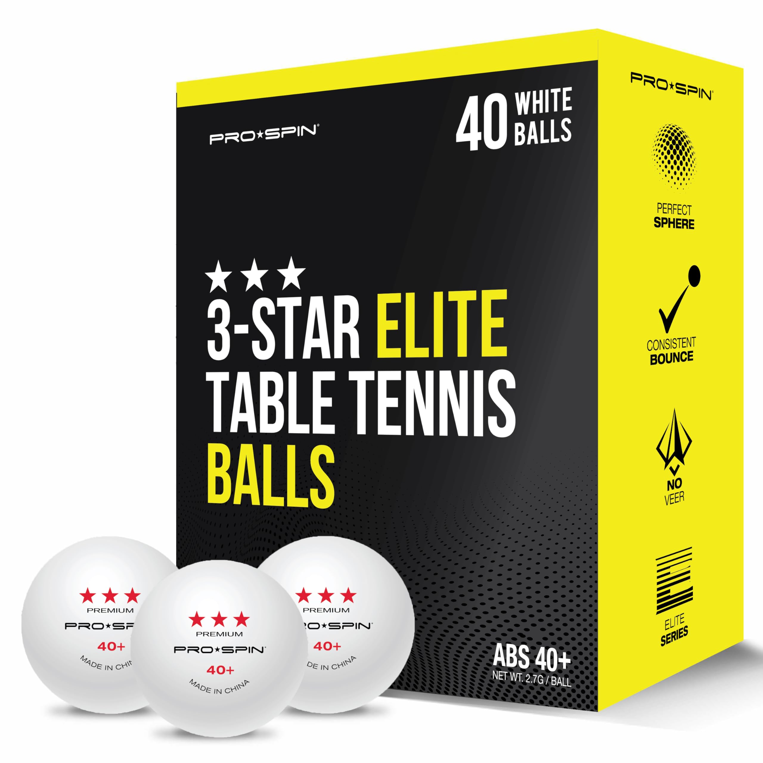 PRO SPIN 3-Star Premium White Table Tennis Balls - 40+ ABS Professional Ping Pong Balls for Indoor & Outdoor Play | High-Performance, Durable Competition Balls for Training, Tournaments & Family Fun