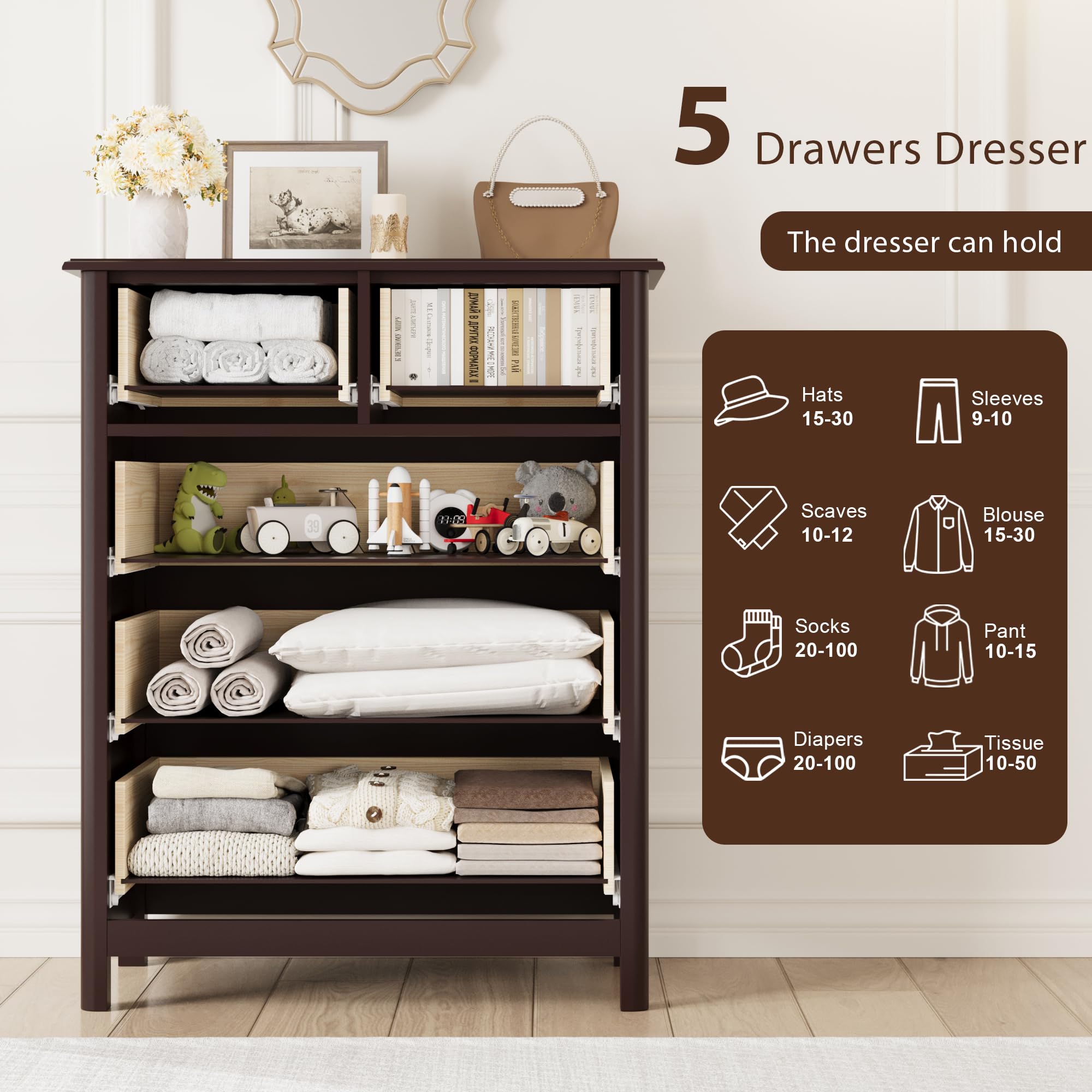 5-Drawer Tall Dresser - Deep Storage Wood Cabinet for Bedroom & Office