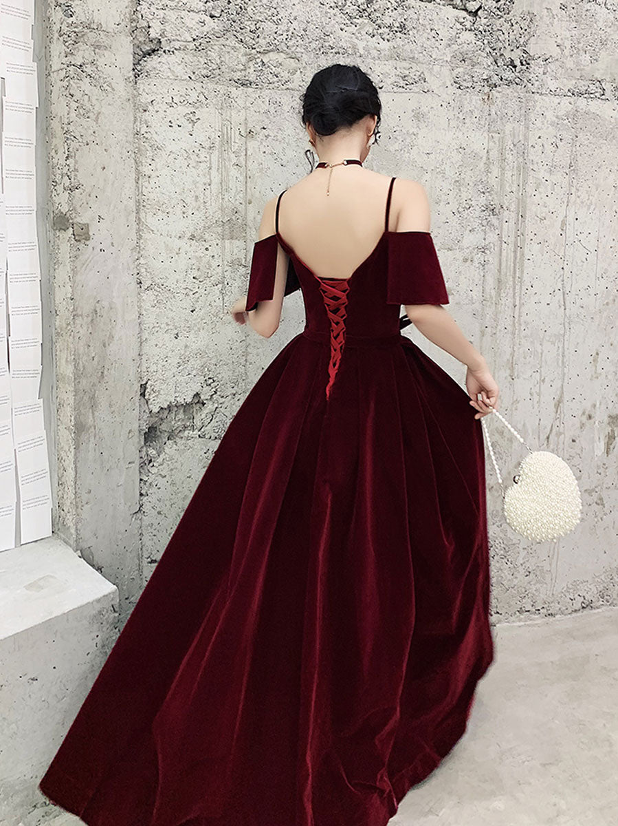 Elegant Burgundy Off Shoulder Velvet Long Prom Dress - Formal Evening Gown for Women | Perfect for Homecoming, Wedding Guest, and Special Occasions