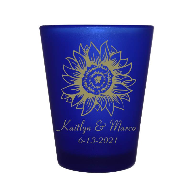 Customizable Blue Frosted Shot Glass - 1.5 Ounce Sunflower Design - Perfect for Parties, Weddings & Home Bar Decor