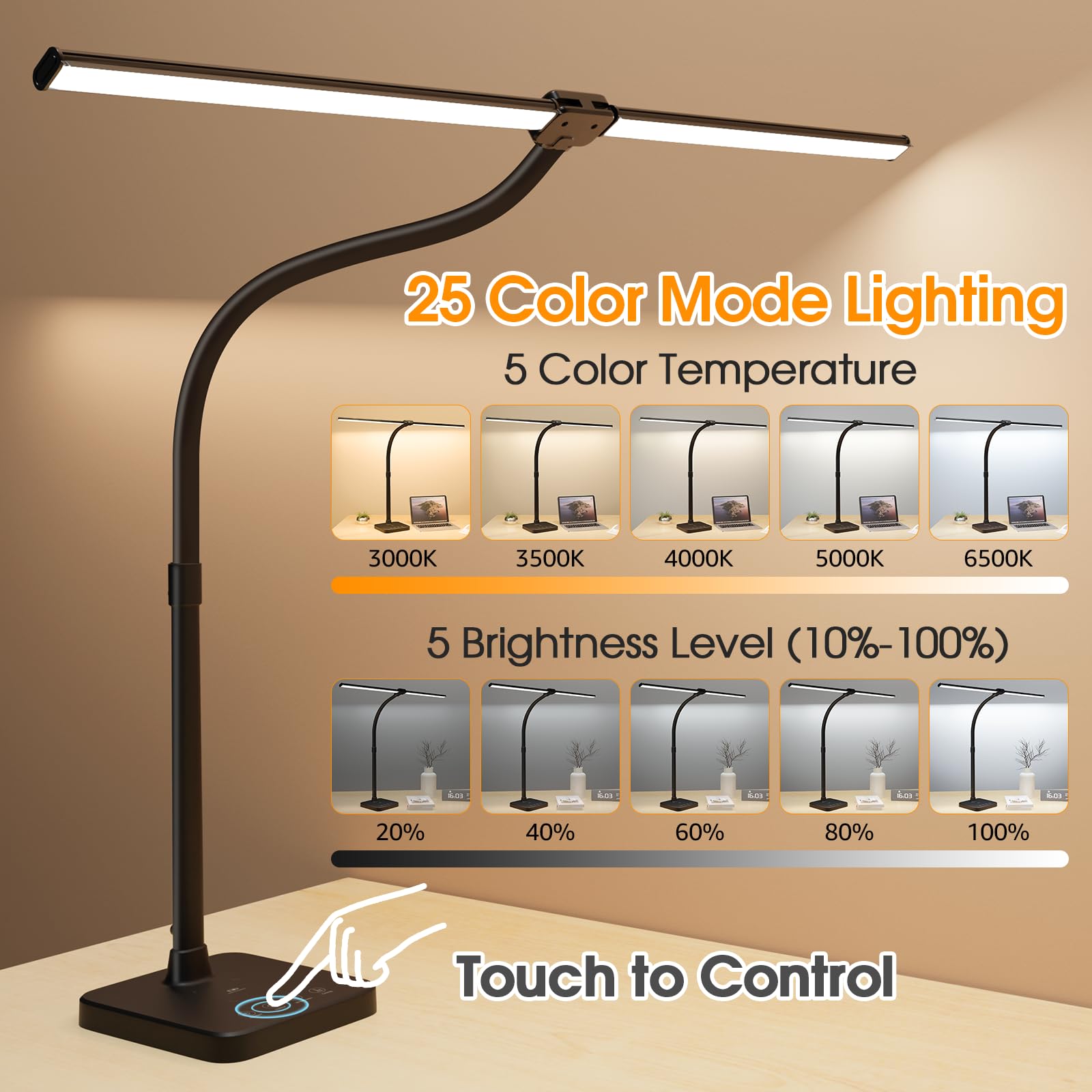 ShineTech 24W LED Desk Lamp with Wireless Charging & USB Port - Adjustable Gooseneck Dual Head Office Light, 25 Lighting Modes for Home, Study, Reading & Workstation (Black) | Perfect for Night Work, Gaming Setup & Dorm Room Lighting