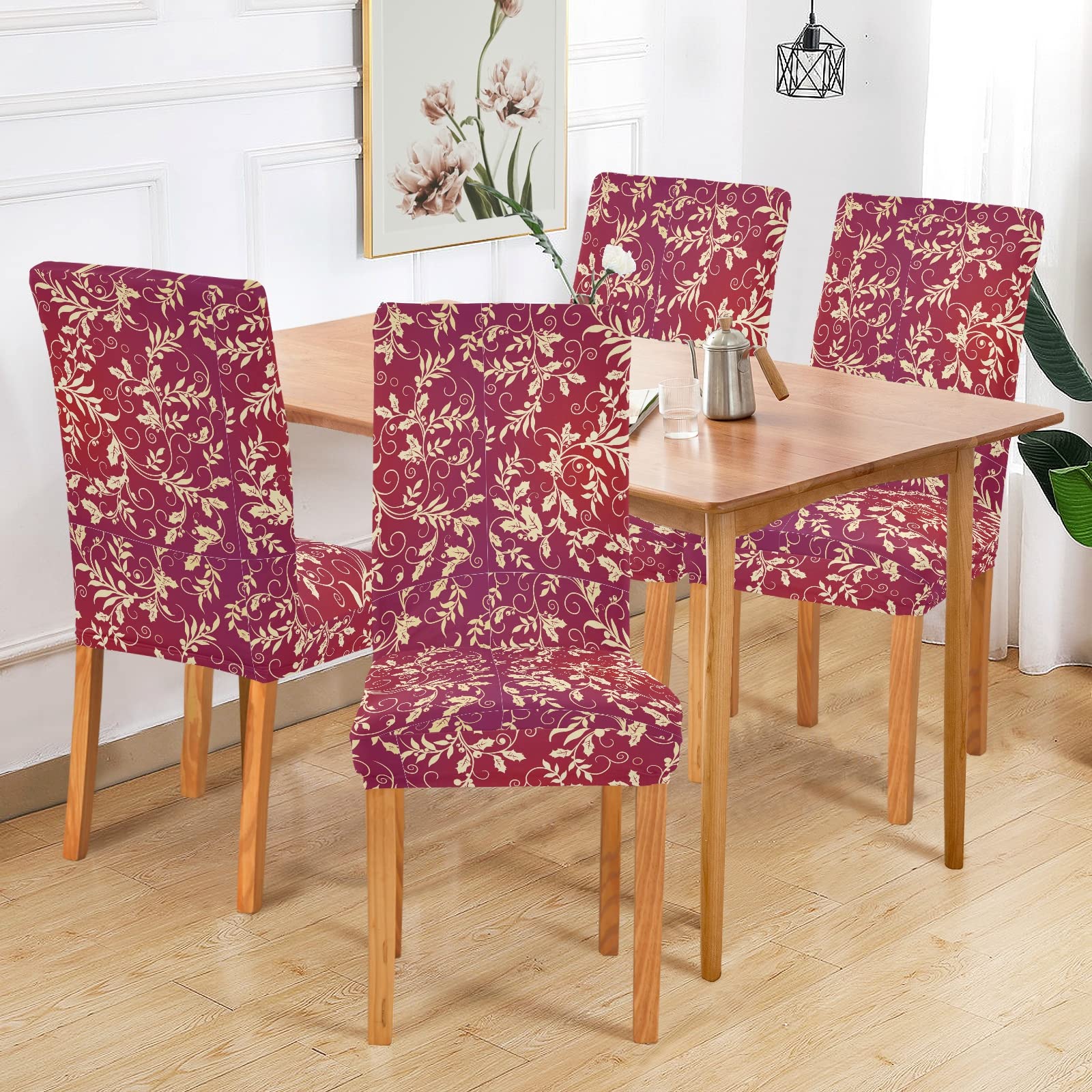 Christmas Holly Dining Chair Covers Set of 2 - Stretchable Spandex Slipcovers for Kitchen & Dining Room Decor - Perfect for Holiday Parties & Home Entertaining