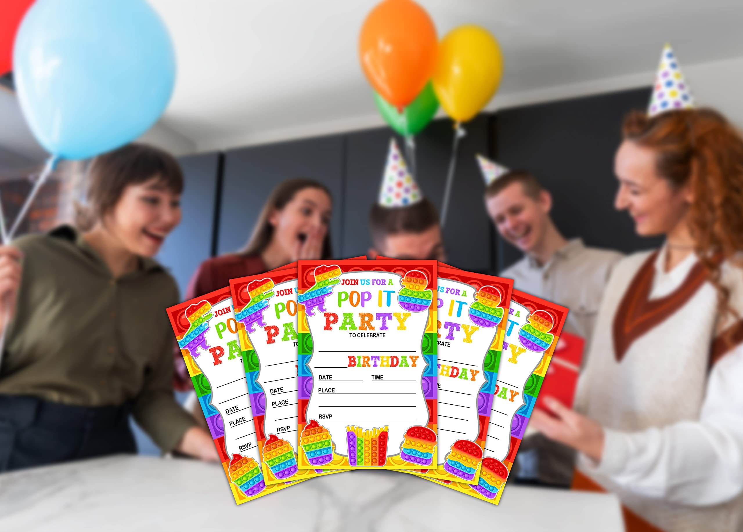 Lesixur Kids Birthday Party Invitation Cards - Rainbow Dinosaur Pop It Invites for Girls & Boys (20 Personalized Cards with Envelopes) - Perfect for Birthday Celebrations, Baby Showers & School Events