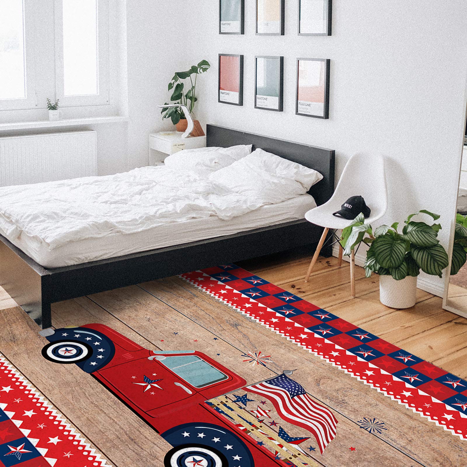 5'x7' Farm Truck Independence National Flag Area Runner Rug - Washable Buffalo Check Carpet for Indoor & Outdoor Use - Perfect for Kitchen, Living Room, Bathroom, Bedroom, Classroom, Laundry Room and Entryway Doormat