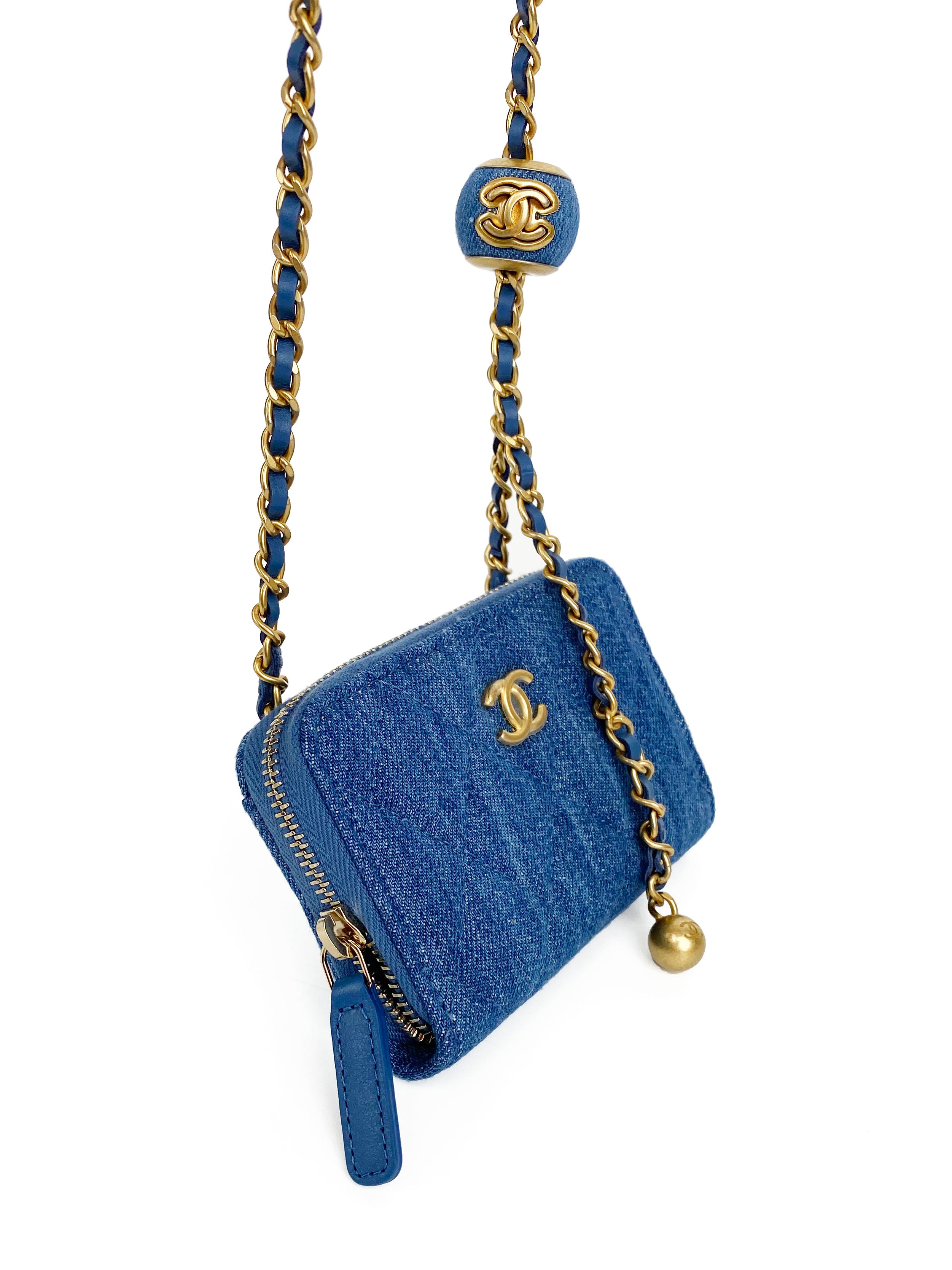 Chanel Mini Denim Cardholder with Pearl Crush - Luxury Compact Wallet for Credit Cards & Cash - Perfect for Everyday Use, Travel & Gifting