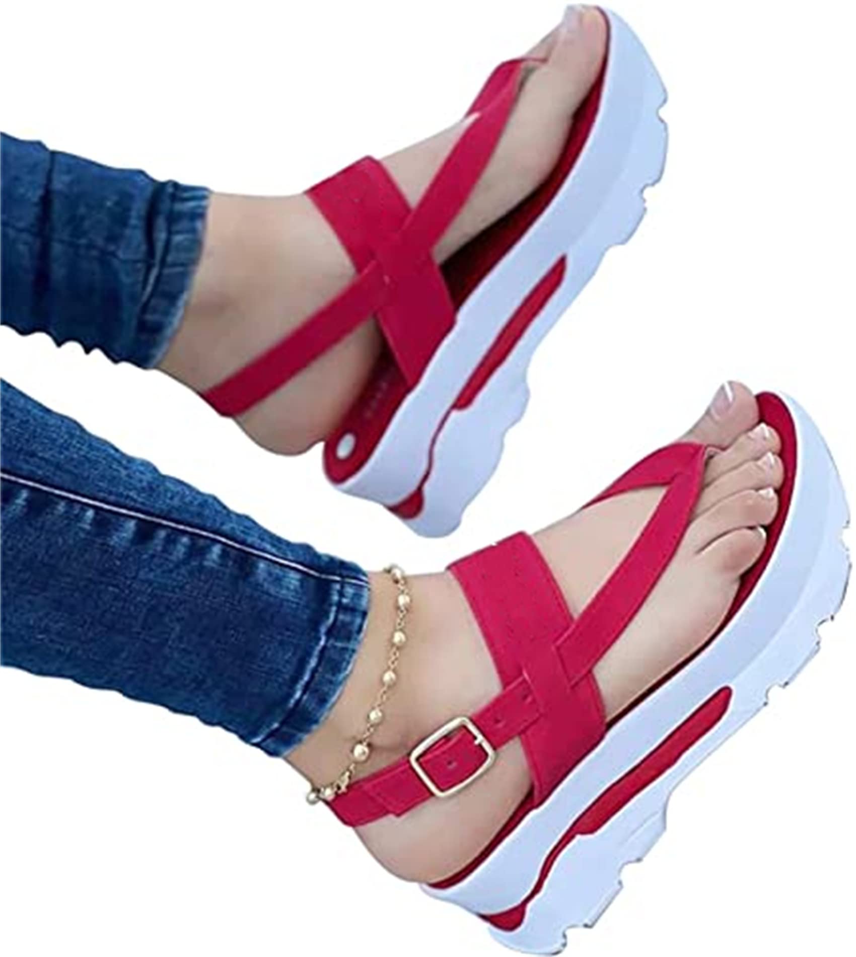 Women's Comfortable Summer Sandals with Buckle Ankle Strap - Casual Beach Flat Shoes for Women - Red, US5/EU36 - Perfect for Beach Vacations, Walking & Outdoor Activities