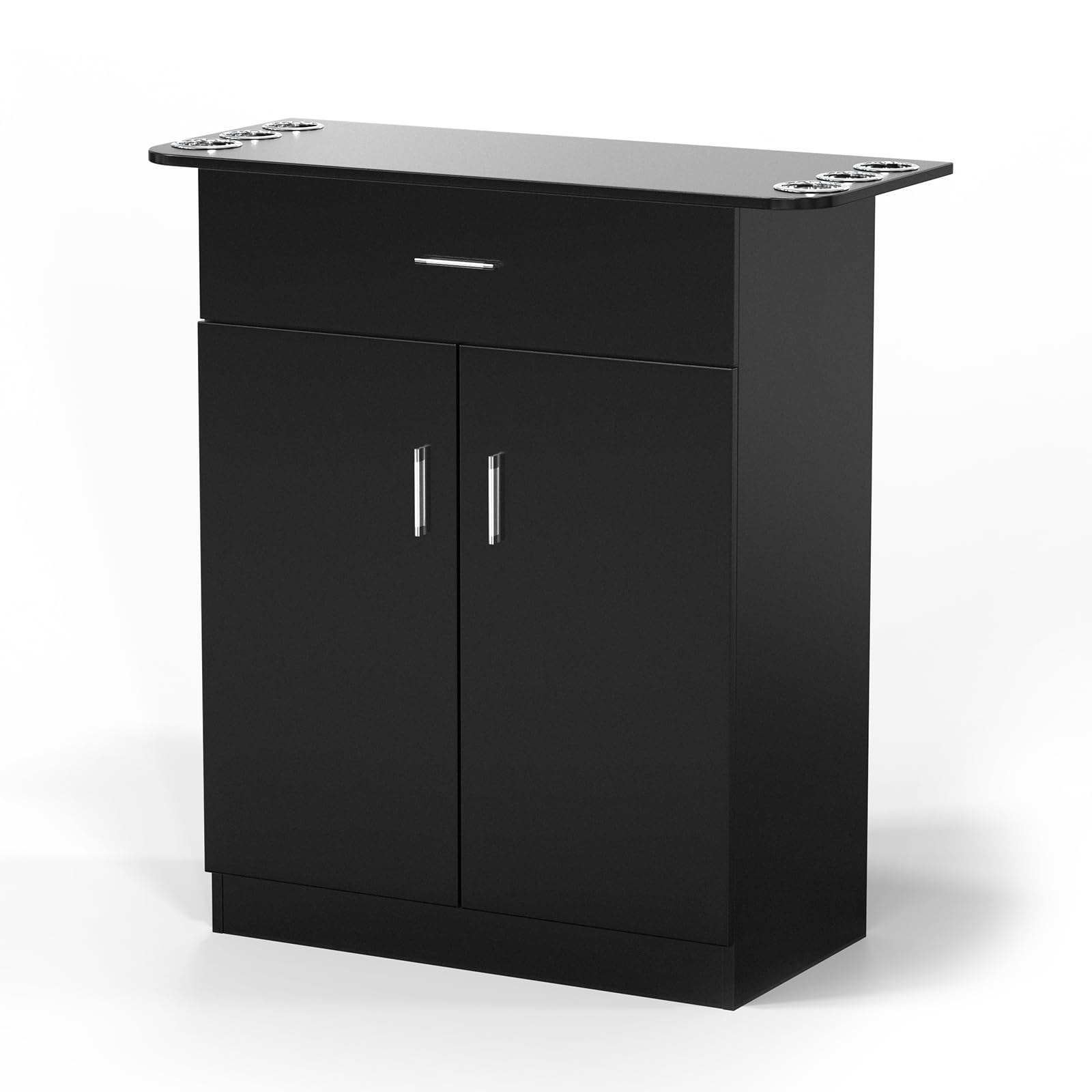 OmySalon Professional Salon Storage Station - Free Standing Barber & Beauty Salon Cabinet with 1 Drawer, Storage Compartment & 6 Hair Dryer Holders - Perfect for Hair Styling, Spa & Salon Organization (Black)