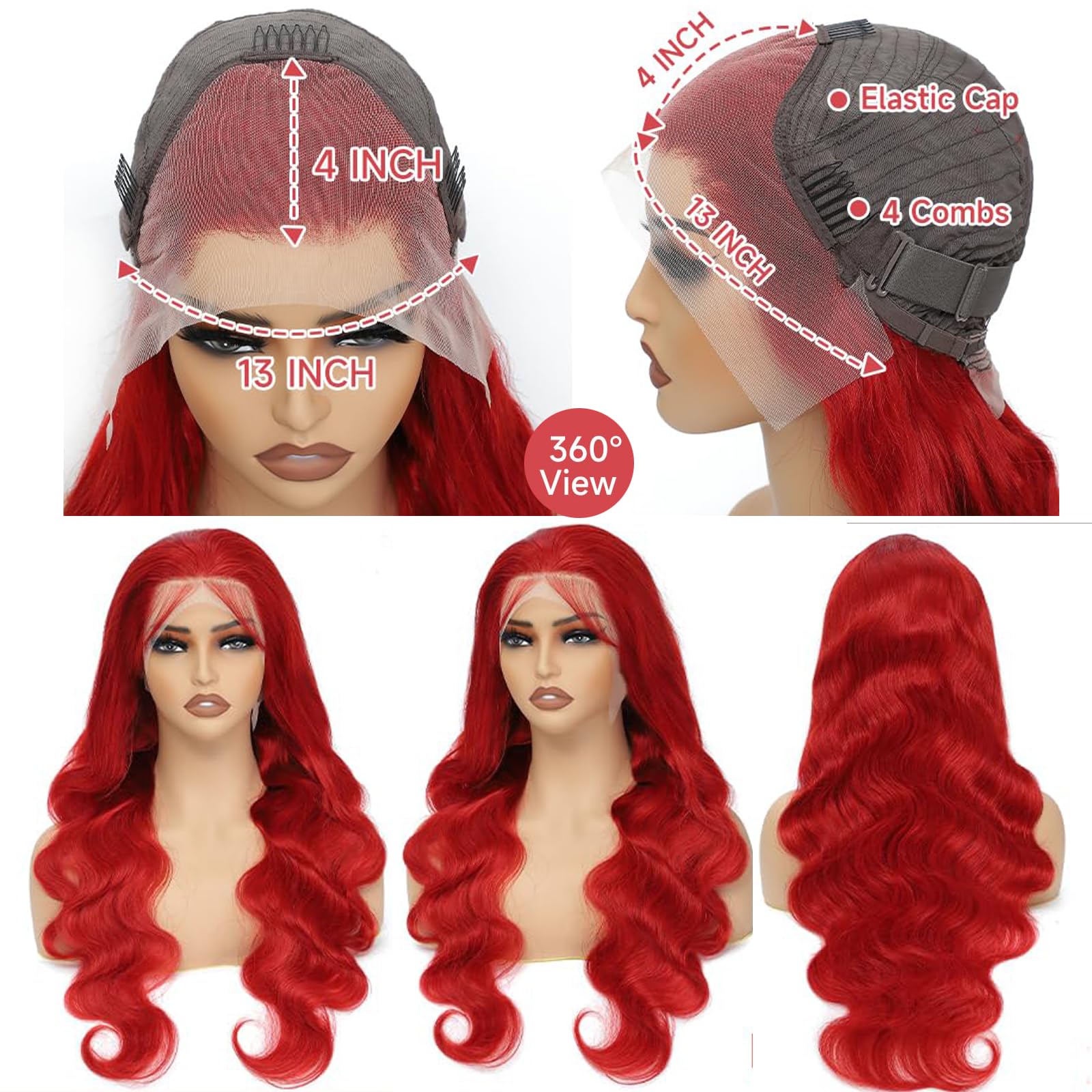 **Hot Red 13x4 HD Transparent Lace Front Wig - 180% Density Human Hair Body Wave Pre-Plucked with Colored Frontal - Perfect for Cosplay, Halloween, and Bold Fashion Looks**
