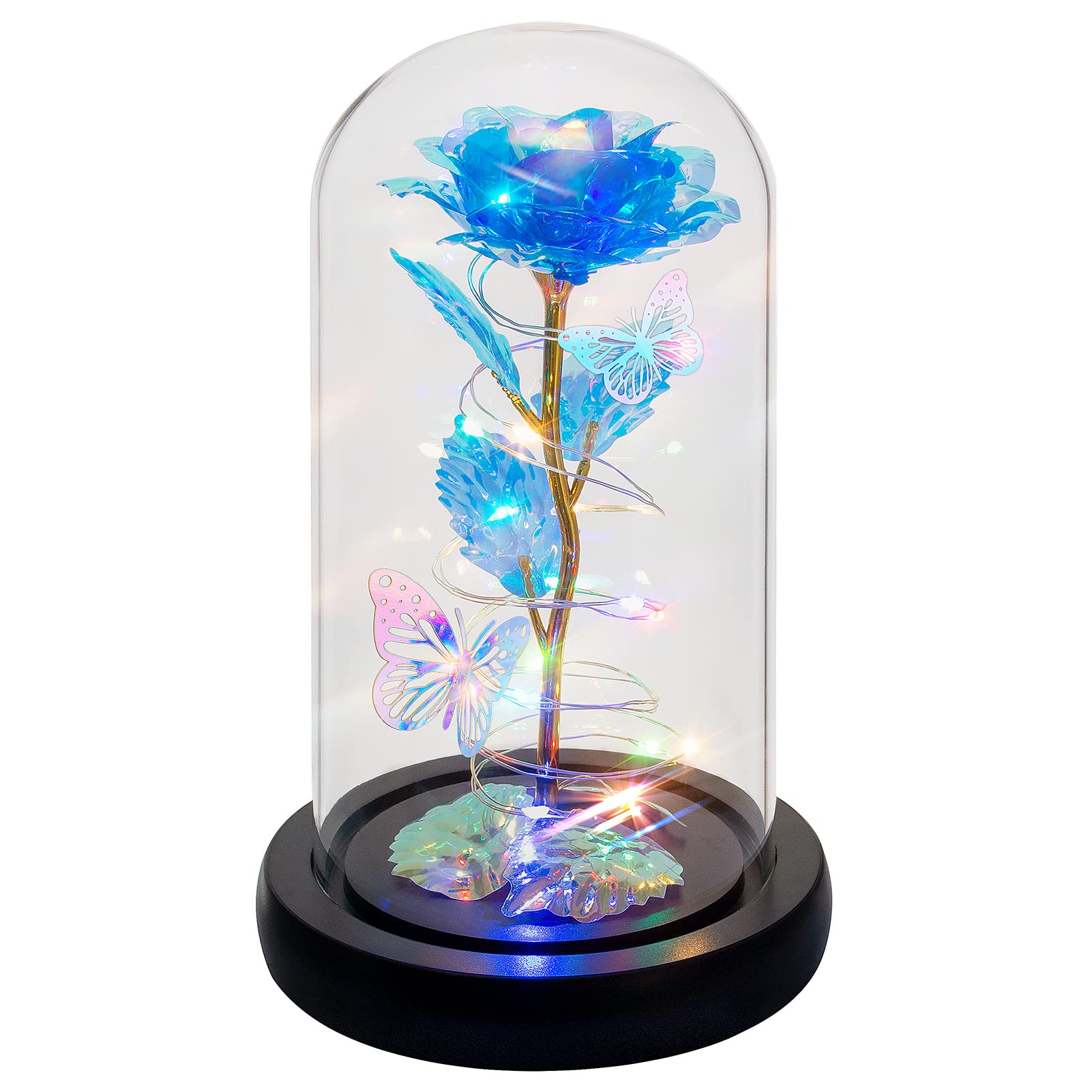 Beautiful Glass Rose Flower Gift for Mom - Christmas, Birthday, Mother's Day Present for Women - Colorful Blue Artificial Rose Gift from Daughter - Perfect for Home Decor, Office Desk, or Special Occasions