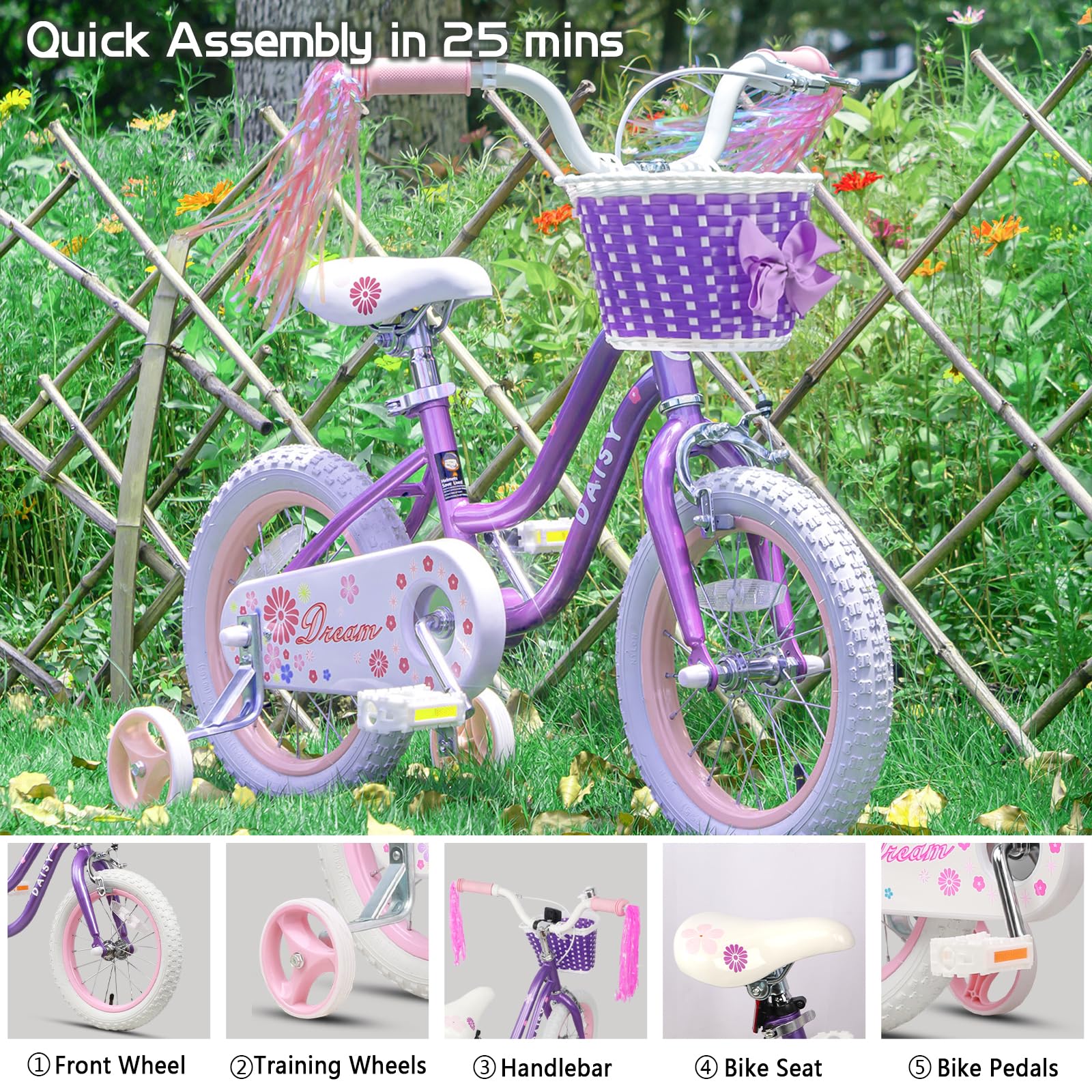 12 14 16 Inch Daisy Princess Girls Bike for Kids Ages 2-7 Years - Toddler & Child Bicycle with Training Wheels, Basket & Streamers - Pink Purple Blue Color Options - Perfect for Birthday Gifts & Outdoor Riding