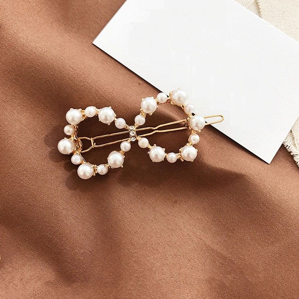APSAMBR - 2PC Fashion Bow-Shaped Geometric Hollow Pearl Hair Clips | Korean Metal Barrettes for Women & Girls | Elegant Hair Accessories for Weddings, Parties & Daily Styling