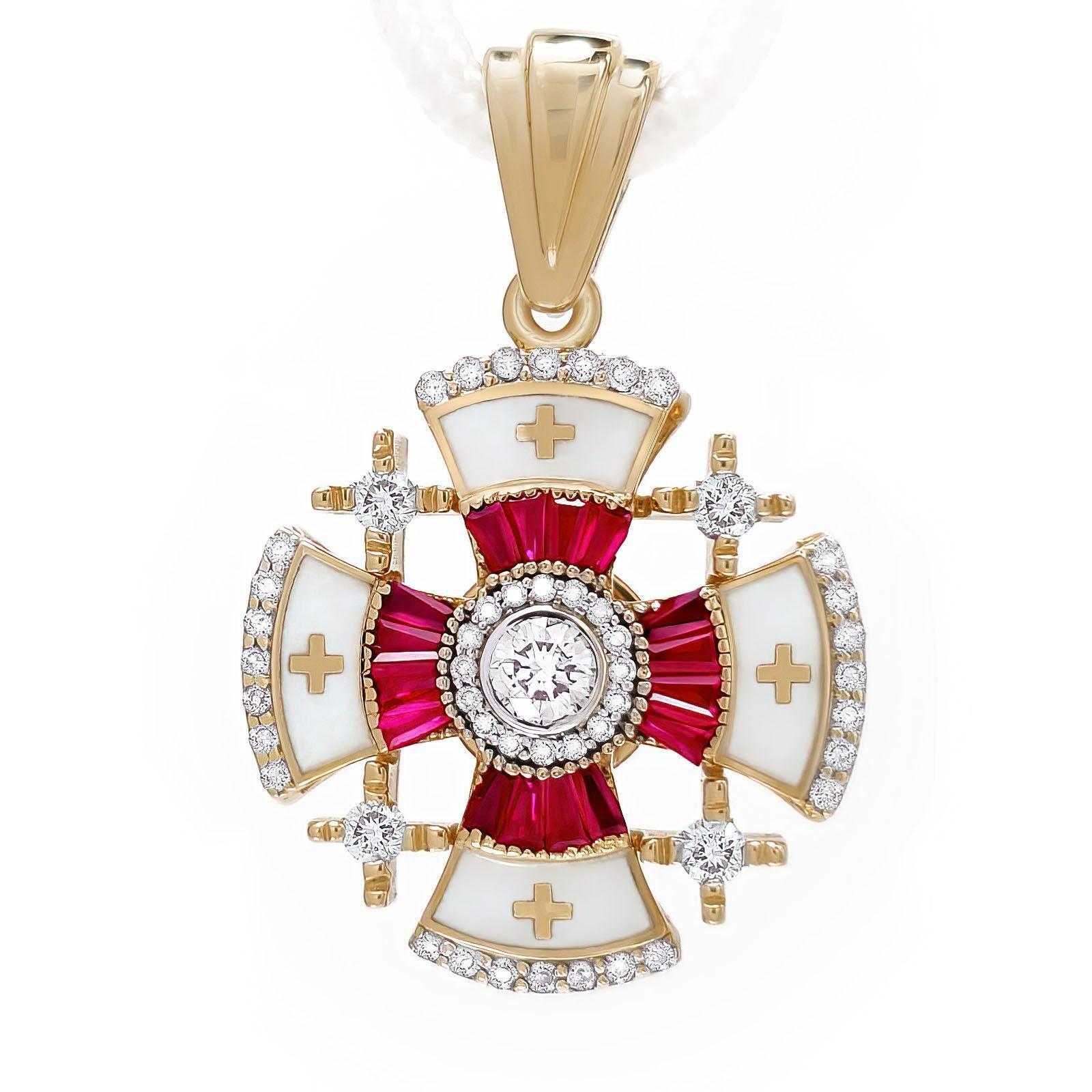 14K Gold Jerusalem Cross Necklace with Ruby, Diamonds & White Enamel - Elegant Religious Jewelry for Women, Perfect for Church, Weddings & Special Occasions