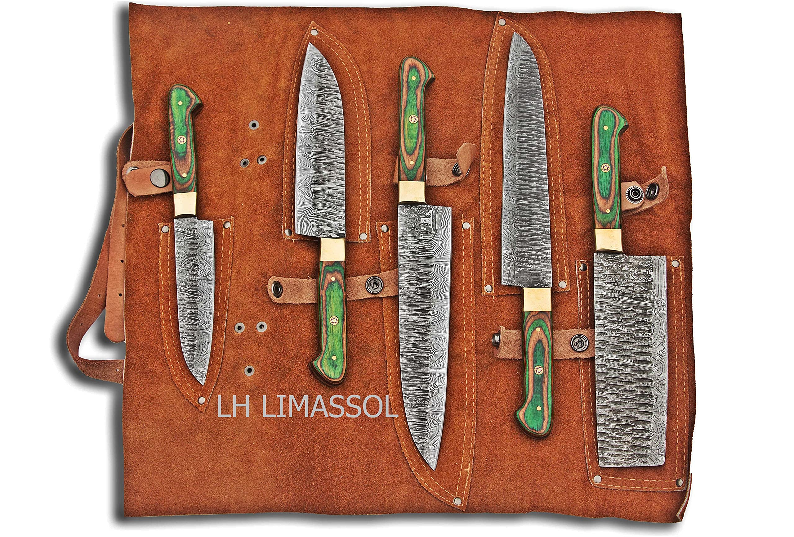 Premium Damascus Steel Kitchen Knife Set - 5 Piece Hand-Forged Chef Knives with Leather Roll Case | Perfect for Home Cooking, Professional Chefs & Christmas Gifts | Ideal for Kitchen, Dining & Culinary Enthusiasts
