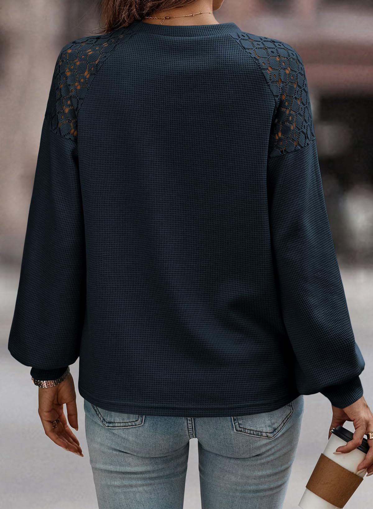 EVALESS Women's Long Sleeve T-Shirt - Crewneck Waffle Knit Top with Lace Patchwork Detail, Trendy Casual Blouse for Work, Date Night & Everyday Wear