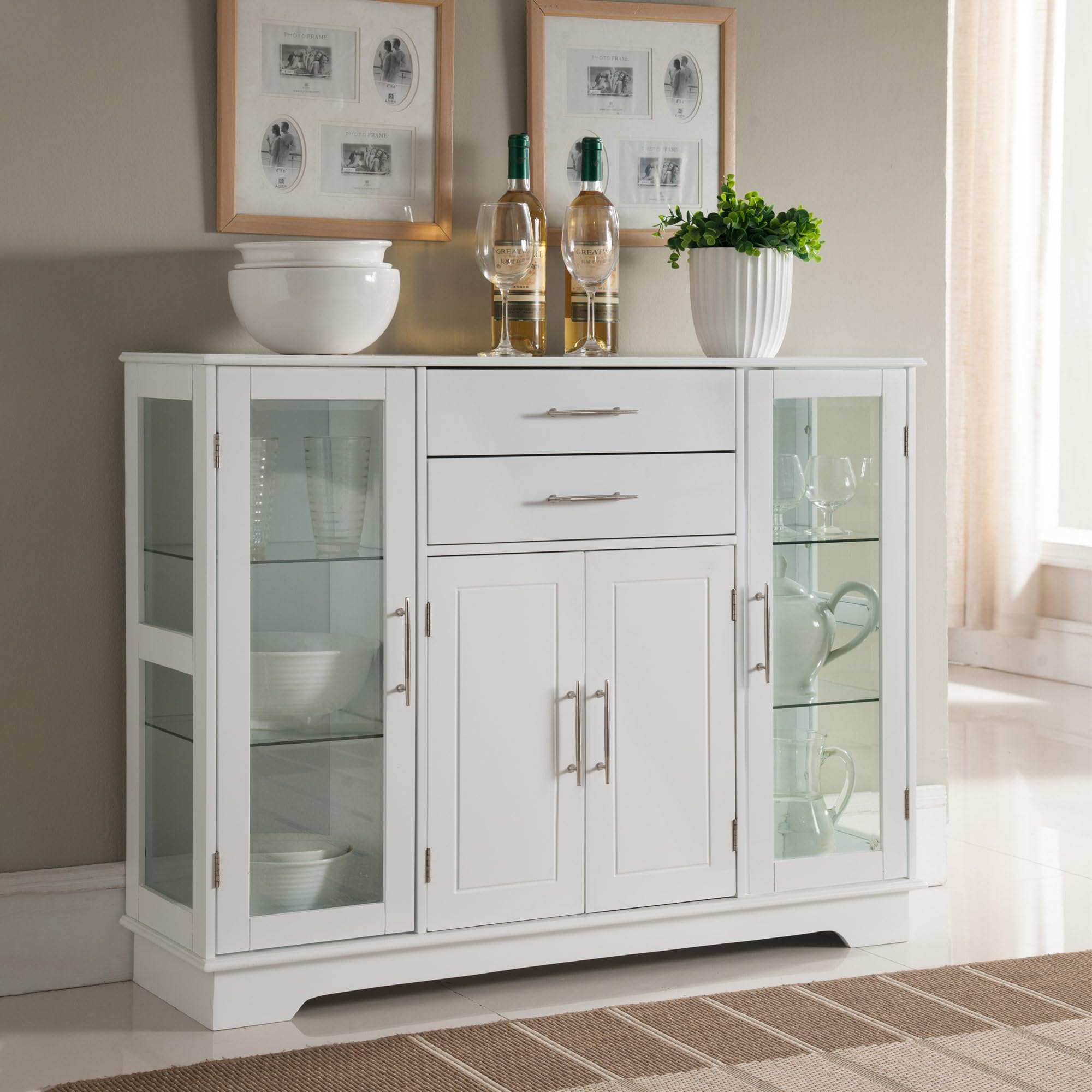 Kings Brand White Kitchen Storage Cabinet with Glass Doors - Buffet Sideboard for Dining Room, Living Room & Kitchen Organization