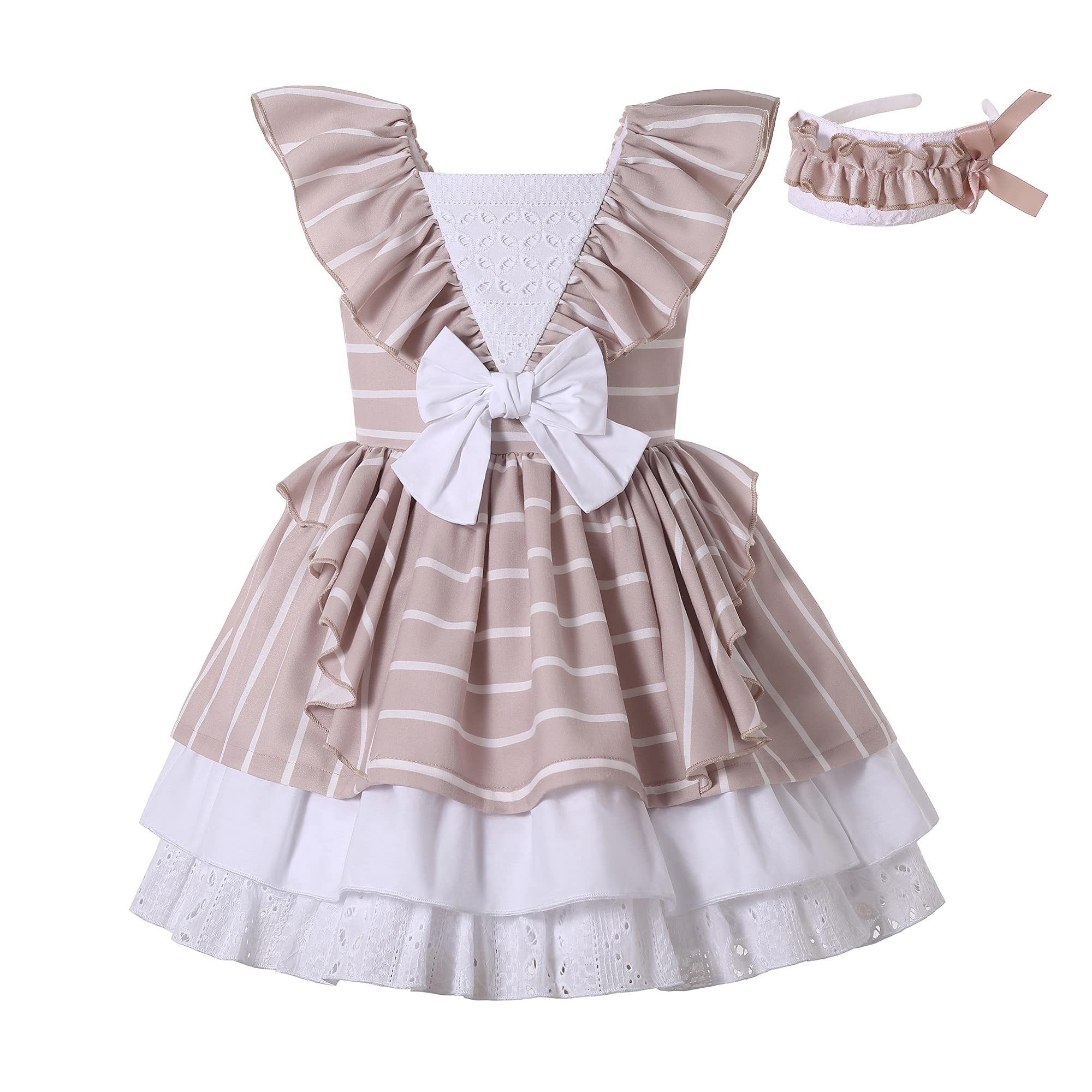 Pettigirl Baby Girl Khaki Stripe Ruffle Casual Dress - Elegant Newborn Infant Party Outfit for Photoshoot, Birthday & Special Occasions