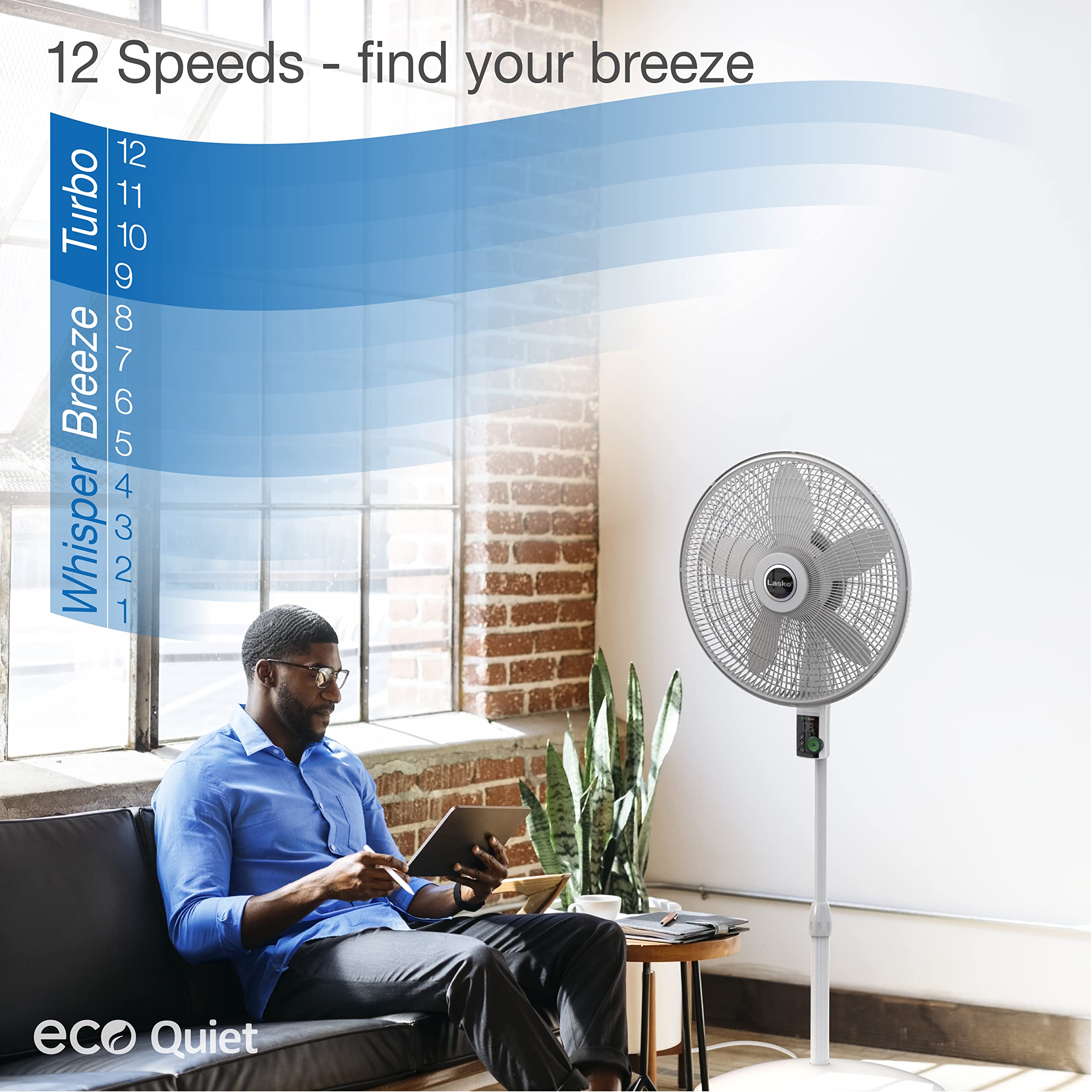 Lasko EcoQuiet Oscillating Pedestal Fan with Whisper Quiet DC Motor - 12 Speed Settings, 8 Hour Timer, Adjustable Height & Remote Control - White Large (Model S18705) for Bedroom, Living Room & Office Cooling