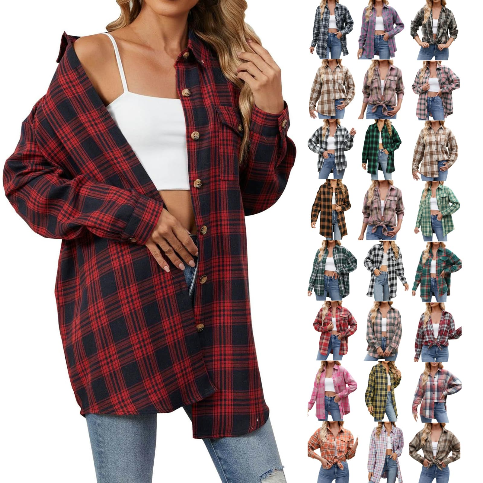Women's Lightweight Long Sleeve Plaid Cardigan Sweater - Button Down Flannel Shirt with Pockets - Cozy Fall Layering Piece for Office, Casual Outings & Travel