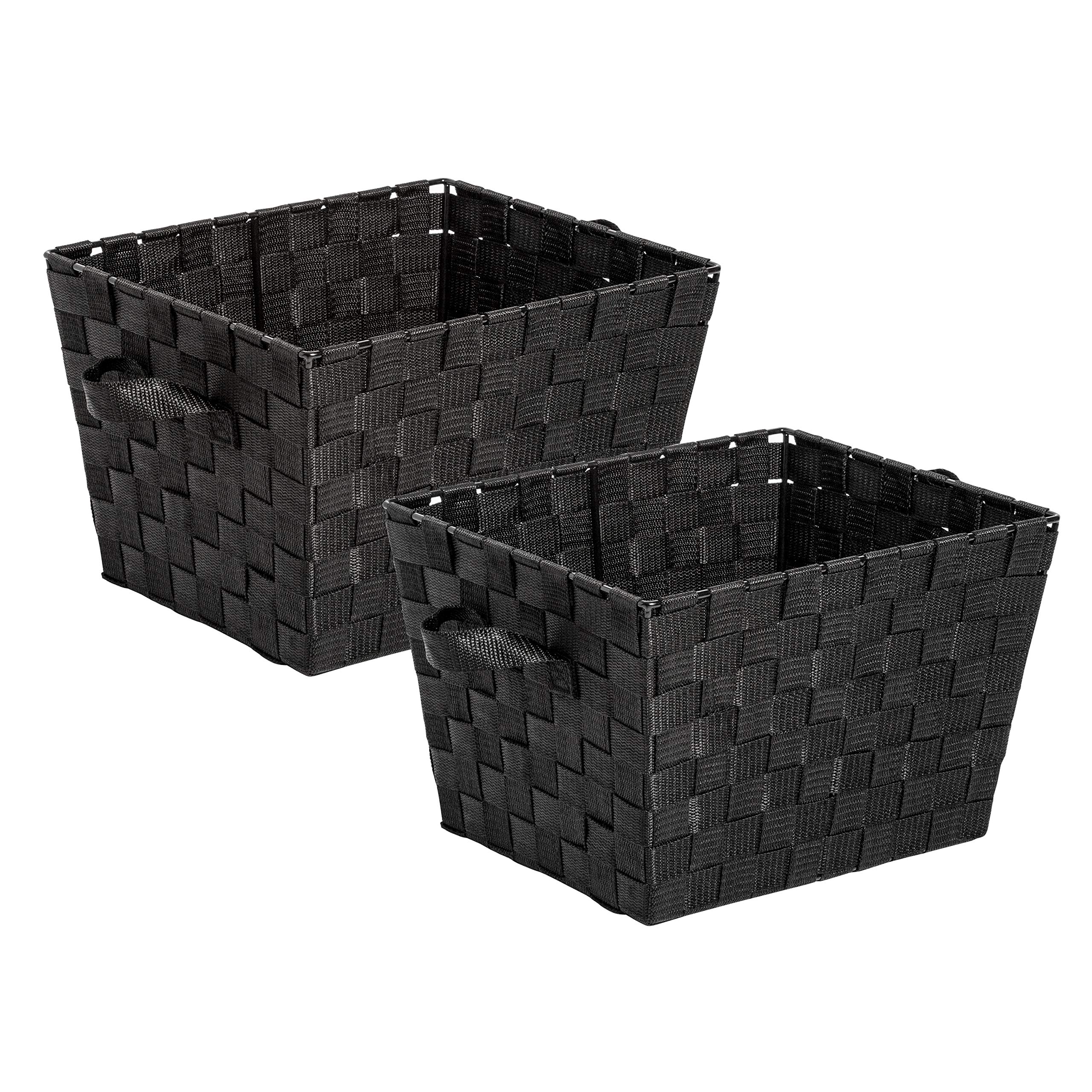 2 Pack Stackable Woven Storage Baskets with Handles - Black Decorative Tote Baskets for Closet, Bedroom, Bathroom & Nursery Organization | Perfect for Toys, Gifts & Home Accessories