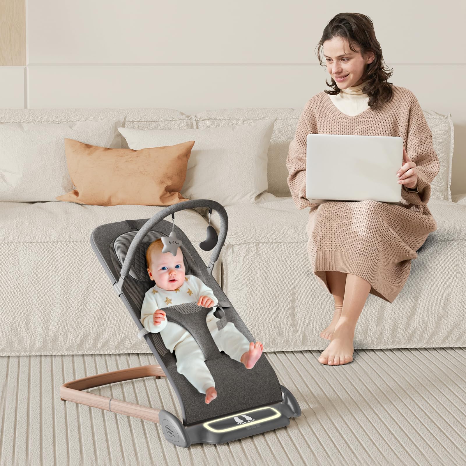 SYCYH Baby Bouncer Seat with Vibration & Music - Portable Infant Bouncer for Newborns 0-12 Months - Includes Removable Toy Bar - Perfect for Soothing, Playtime & Parenting Hands-Free Moments