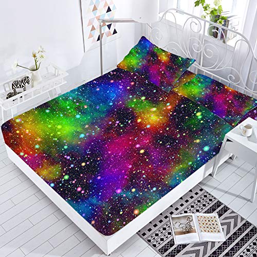 Rainbow Galaxy Queen Fitted Sheet Set - Space Themed Bedding for Kids - 3 Piece Microfiber Set with Deep Pocket & Wrinkle Free (Includes 1 Sheet + 2 Pillowcases) - Perfect for Kids' Rooms, Space Themed Decor & Gift Giving