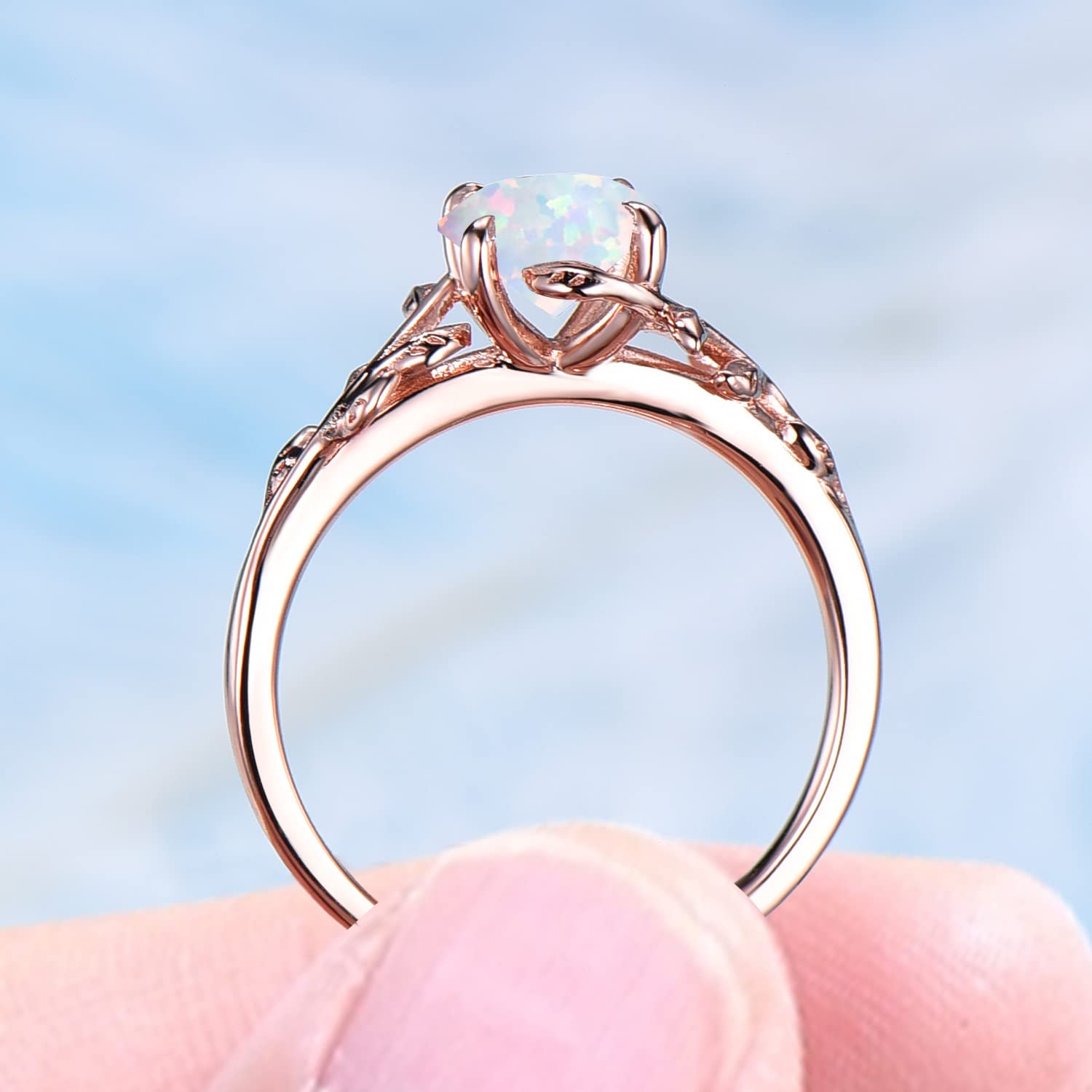 Sterling Silver & Rose Gold Plated White Opal Engagement Ring - Nature Inspired Leaf Flower Design Round Solitaire Ring - Unique Anniversary & October Birthday Jewelry Gift (Sizes 4-10, Includes Gift Box) - Perfect for Weddings, Proposals, Anniversaries & Special Occasions