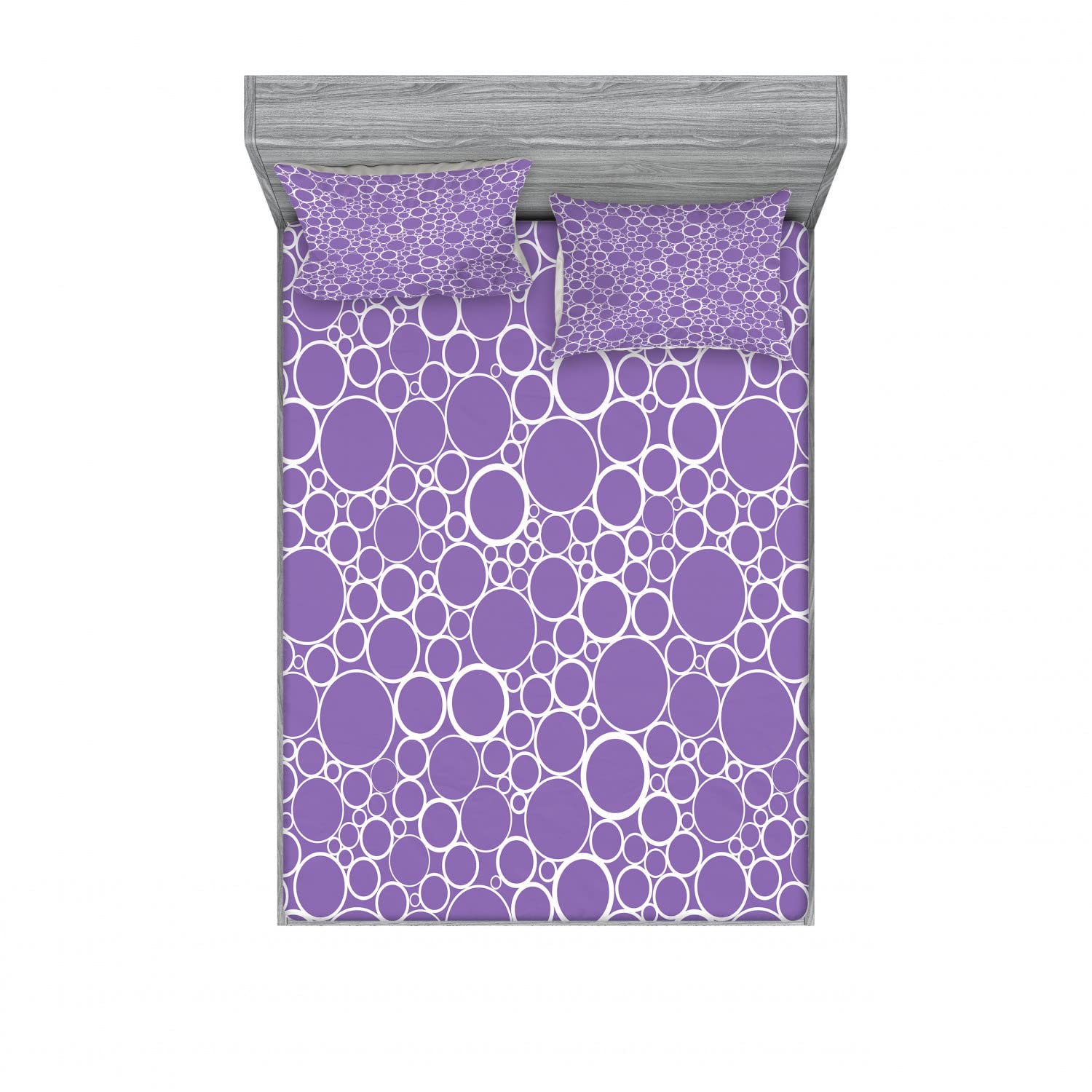 Ambesonne 2-Pack Queen Size Fitted Sheet Set with 4 Pillow Shams - Abstract Fractal Circles Pattern in Violet & White | Soft Bedding Decor for Master Bedroom, Guest Room & Dorm