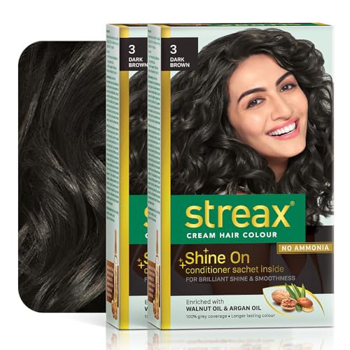 Streax Permanent Hair Color Cream - 100% Gray Coverage with Argan & Walnut Oil - Long Lasting Brown Hair Dye for Women - 3 Dark Brown Shade - 120ml (Pack of 2) - Perfect for At-Home Hair Coloring & Salon-Quality Results