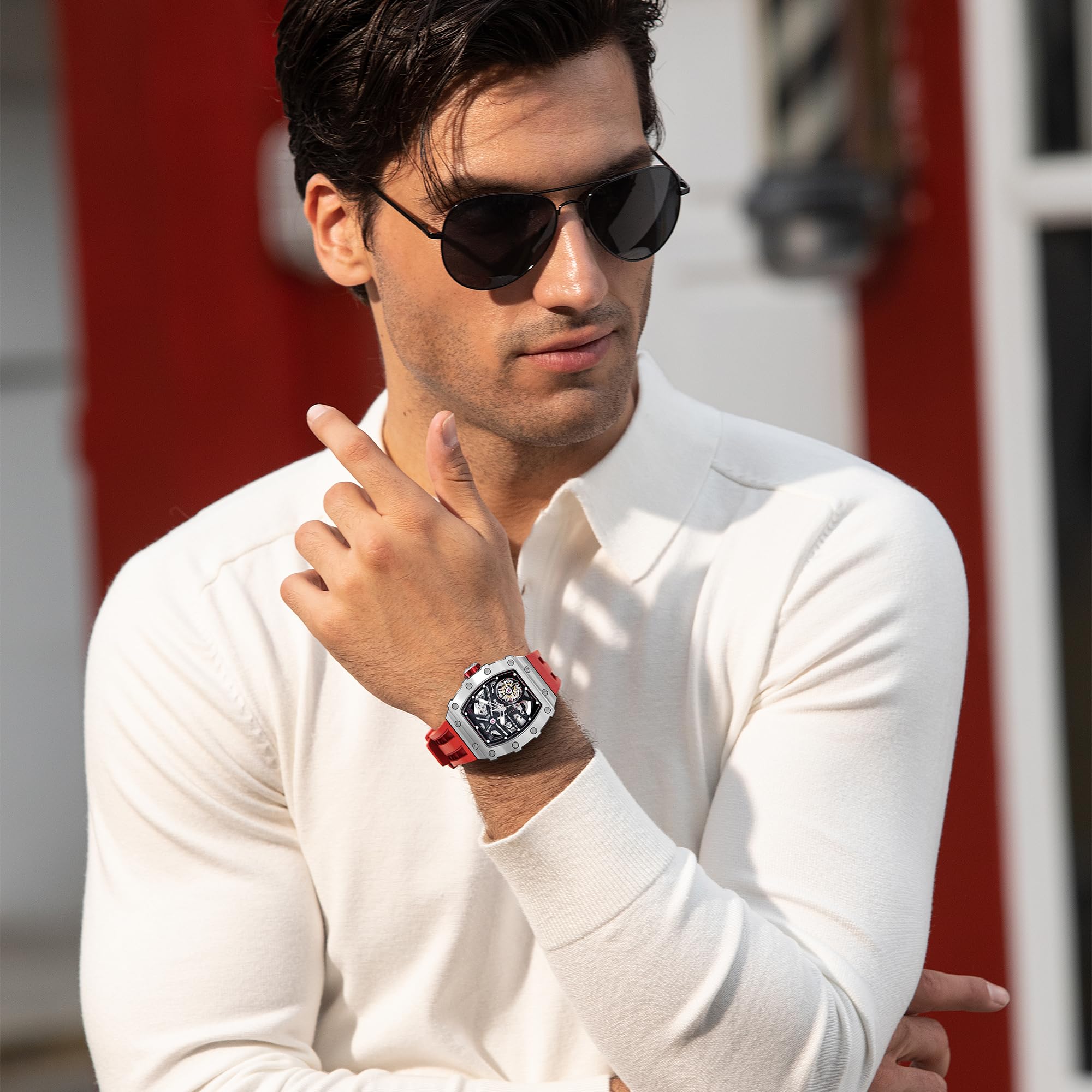 TSAR BOMBA Men's Automatic Skeleton Watch - Luxury Tonneau Design, 50M Waterproof, Silver Square Big Face with Silicone Strap - Perfect for Business, Formal Events & Everyday Wear