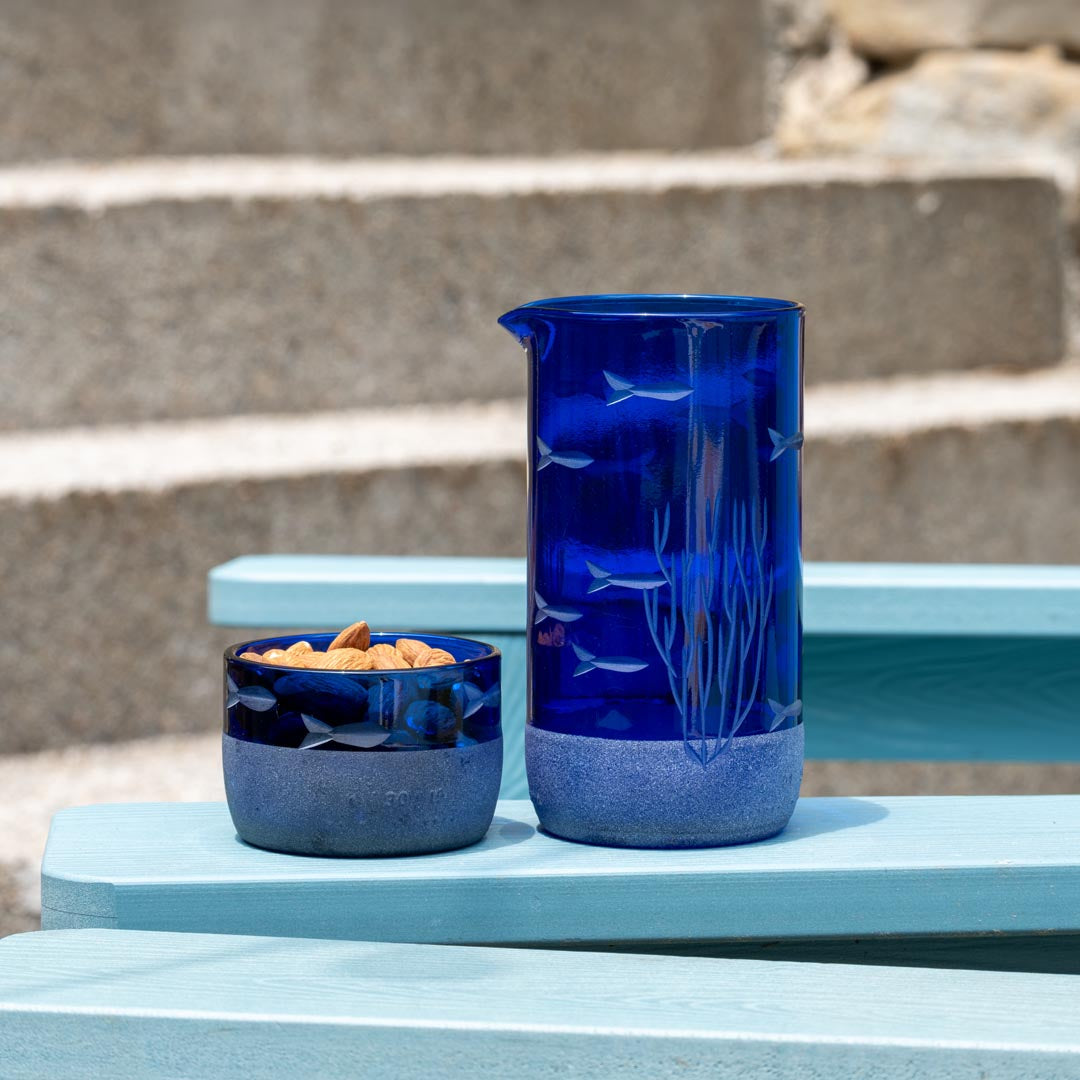 School of Fish Twice Around Blue 13oz Pitcher & 2” Mini Sipper Set - Glass Drinkware with Gift Box - Perfect for Home Decor, Party Serving & Unique Gifts