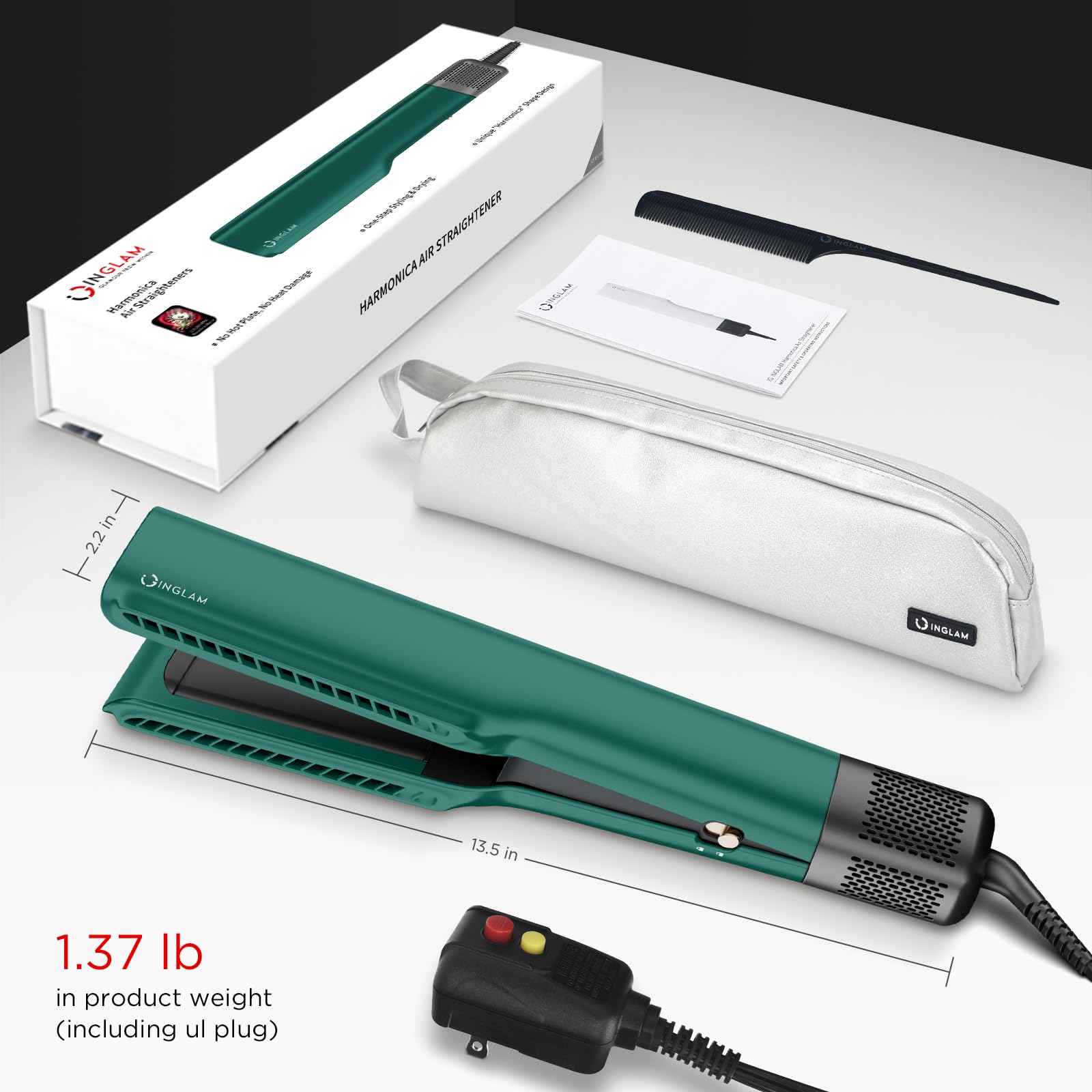 INGLAM 2-in-1 Ionic Hair Dryer & Straightener for Medium to Long Hair (14”-30”) - Fast Drying & Straightening in One Step, Dark Green - Perfect for Salon-Quality Styling at Home, Travel & Daily Hair Care