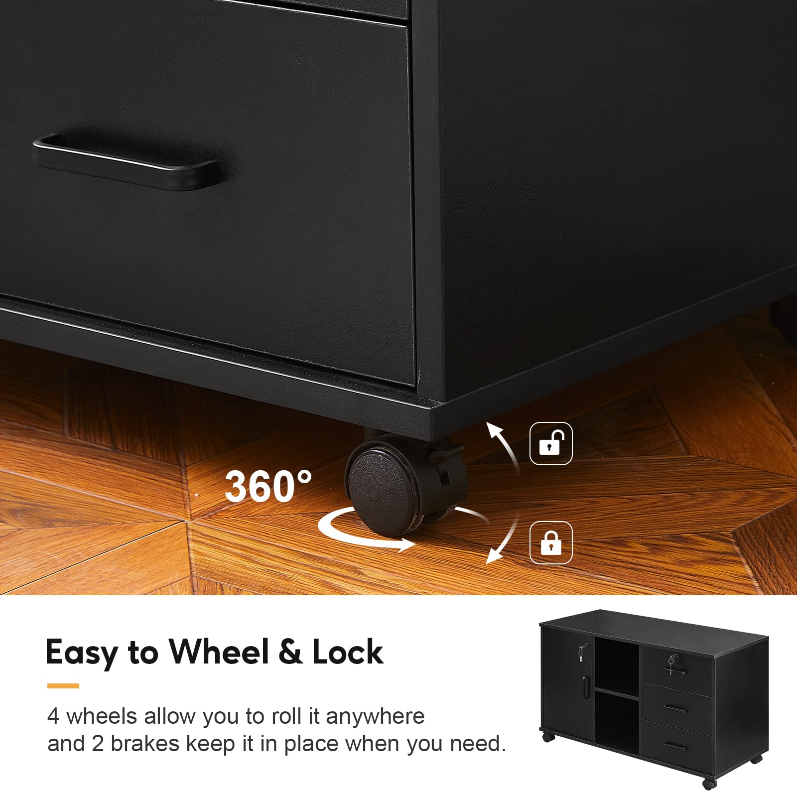 TUKAILAi 3-Drawer Mobile File Cabinet with Door & Open Shelf - Lateral Printer Stand, Rolling Office Storage with 4 Wheels, Wooden Stationery Organizer for Home Office (Black) - Perfect for Small Spaces & Document Organization
