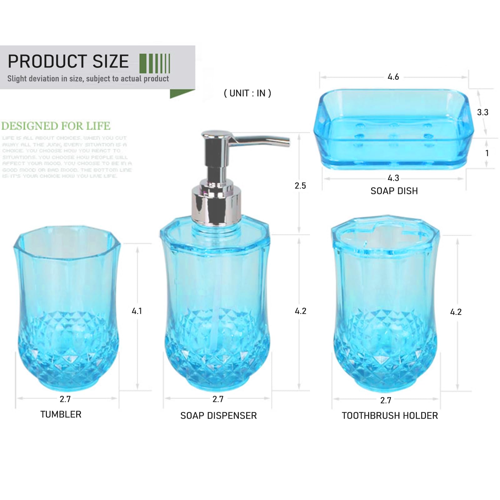 Acrylic Plastic Bathroom Accessories Set - Soap Dispenser, Toothbrush Holder, Cup & Soap Dish (4-Piece, Blue) | Modern & Durable for Home, Apartment, Hotel