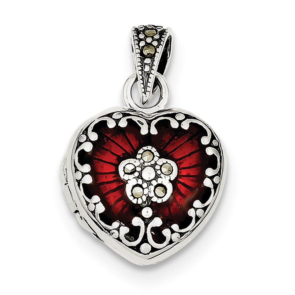 Sterling Silver Red Enamel & Marcasite Heart Locket Necklace - Elegant Vintage Jewelry Gift for Women - Perfect for Valentine's Day, Anniversary or Special Occasions