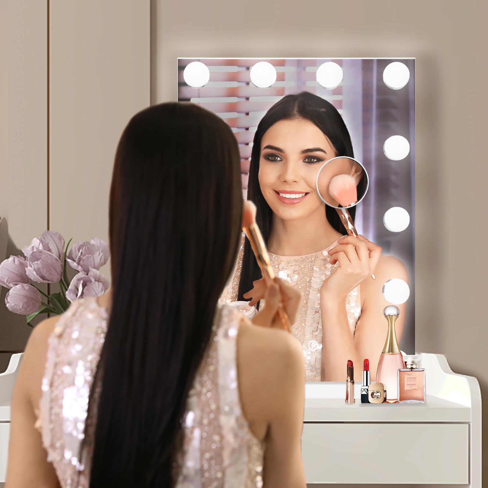 Hollywood Vanity Mirror with LED Lights - 12 Bulbs, 3 Color Modes, Adjustable Brightness, USB Charging Port, Aluminum Frame (14