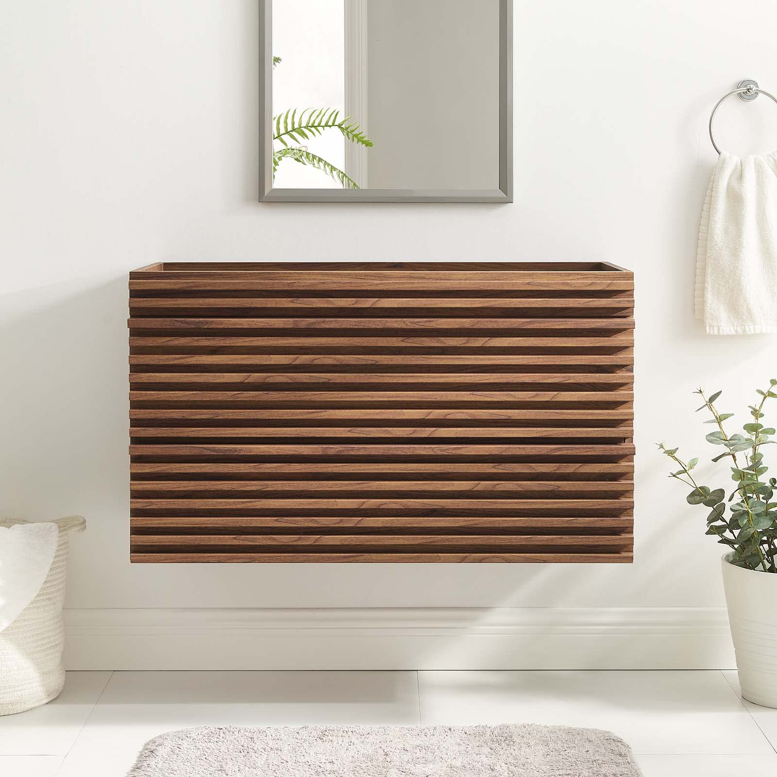 Modway Render 36 Inch Walnut Wall-Mounted Bathroom Vanity Cabinet with Mirror - No Sink Included | Modern Space-Saving Storage for Small Bathrooms & Powder Rooms