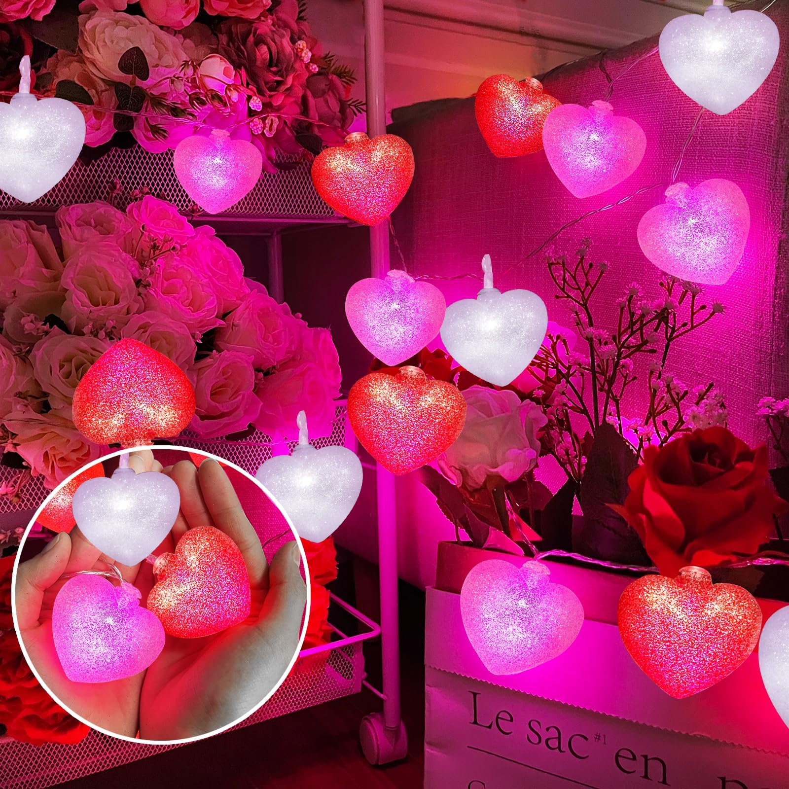 10 Ft 20 LED 3D Heart String Lights - Pink Red White Valentine's Garland with Glitter | Battery Operated for Indoor & Outdoor Decor | Perfect for Home, Party, Wedding, Bedroom & Garden Romantic Lighting