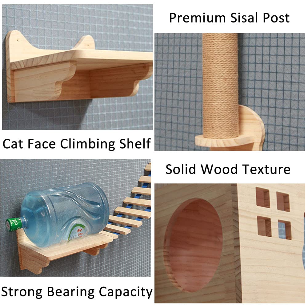 Wall Mounted Cat Bed - Floating Wood Cat Shelves & Lounger, Modern Cat Condo House with Hammock - Multi-Level Activity Center & Perch for Climbing, Jumping and Relaxing - Perfect for Small Spaces, Apartments and Playful Kitties