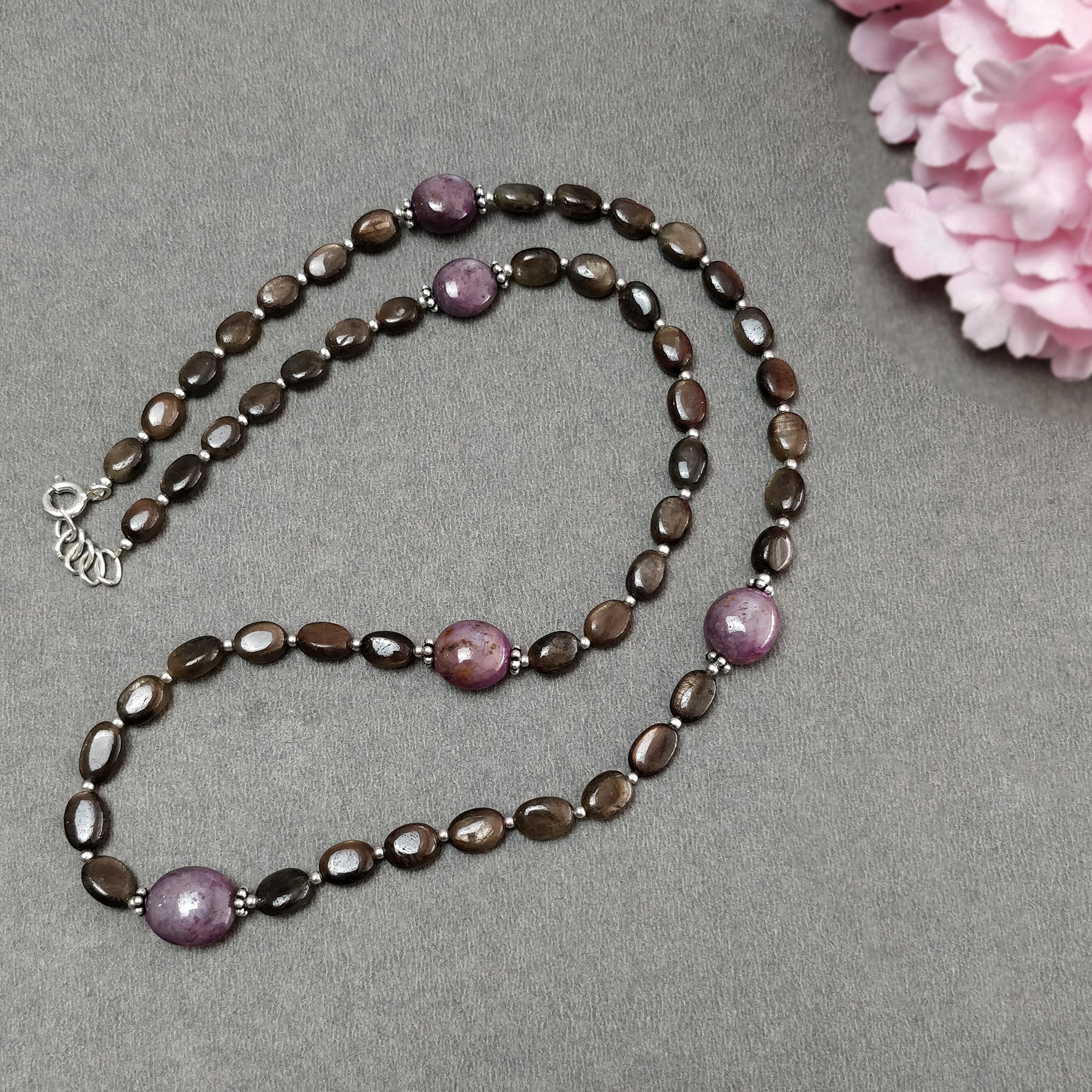 Natural Untreated Chocolate Sapphire & Star Ruby Gemstone Necklace - 111.25cts Oval Cut with 925 Sterling Silver (6*5mm & 11*10mm) | Elegant Jewelry Gift for Women, Birthday, Anniversary & Special Occasions