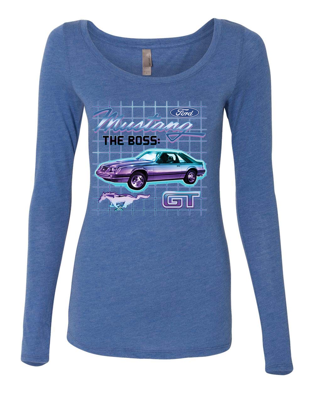 Ford Mustang GT The Boss Retro Vintage Car & Truck Women's Scoop Neck Long Sleeve T-Shirt | Classic Muscle Car Apparel for Casual Wear & Car Enthusiast Gifts