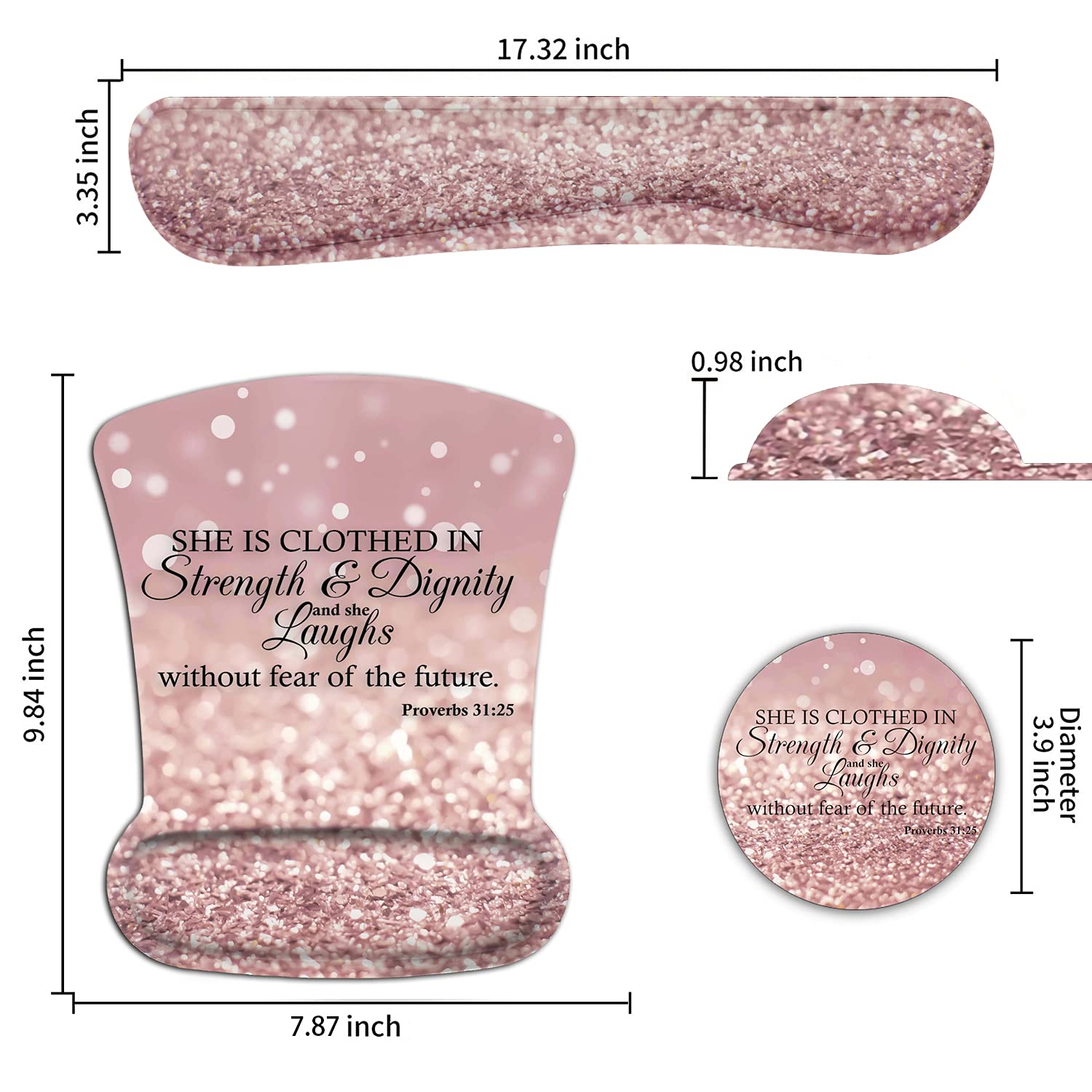 Ergonomic Mouse Pad with Wrist Support & Keyboard Wrist Rest Set - Pink Glitter Bible Verse Design (Proverbs 31:25) for Laptop, Mac, Gaming & Office Use - Durable Comfort for Pain Relief & Includes Bonus Coaster - Perfect for Long Work Hours, Typing & Computer Sessions