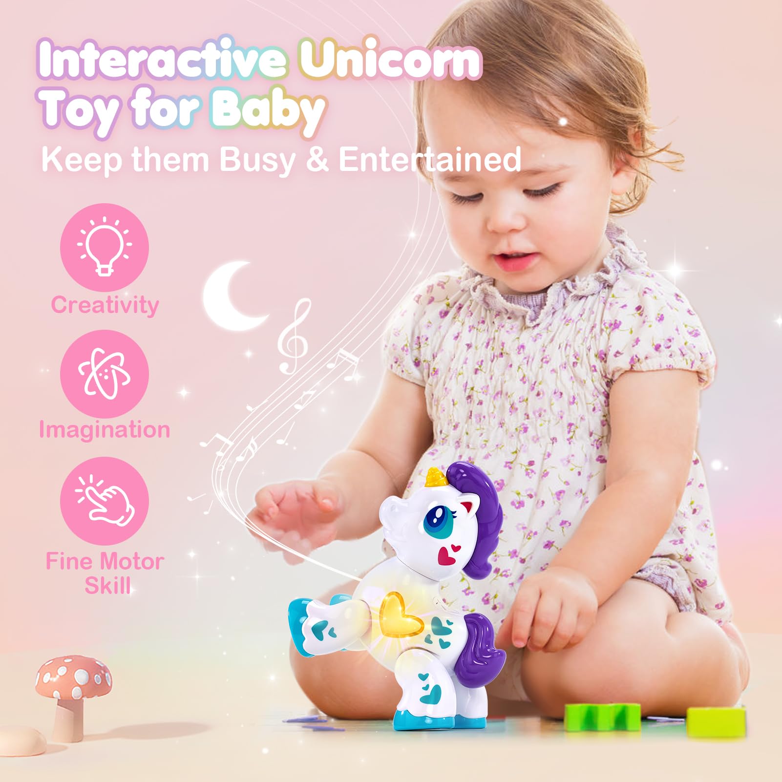 Hahaland Musical Unicorn Light Up Toy for 1 Year Old Girls - Interactive Baby Toddler Toys with Sound & Lights - Perfect Valentine's Gift, Travel Entertainment & Early Learning Development
