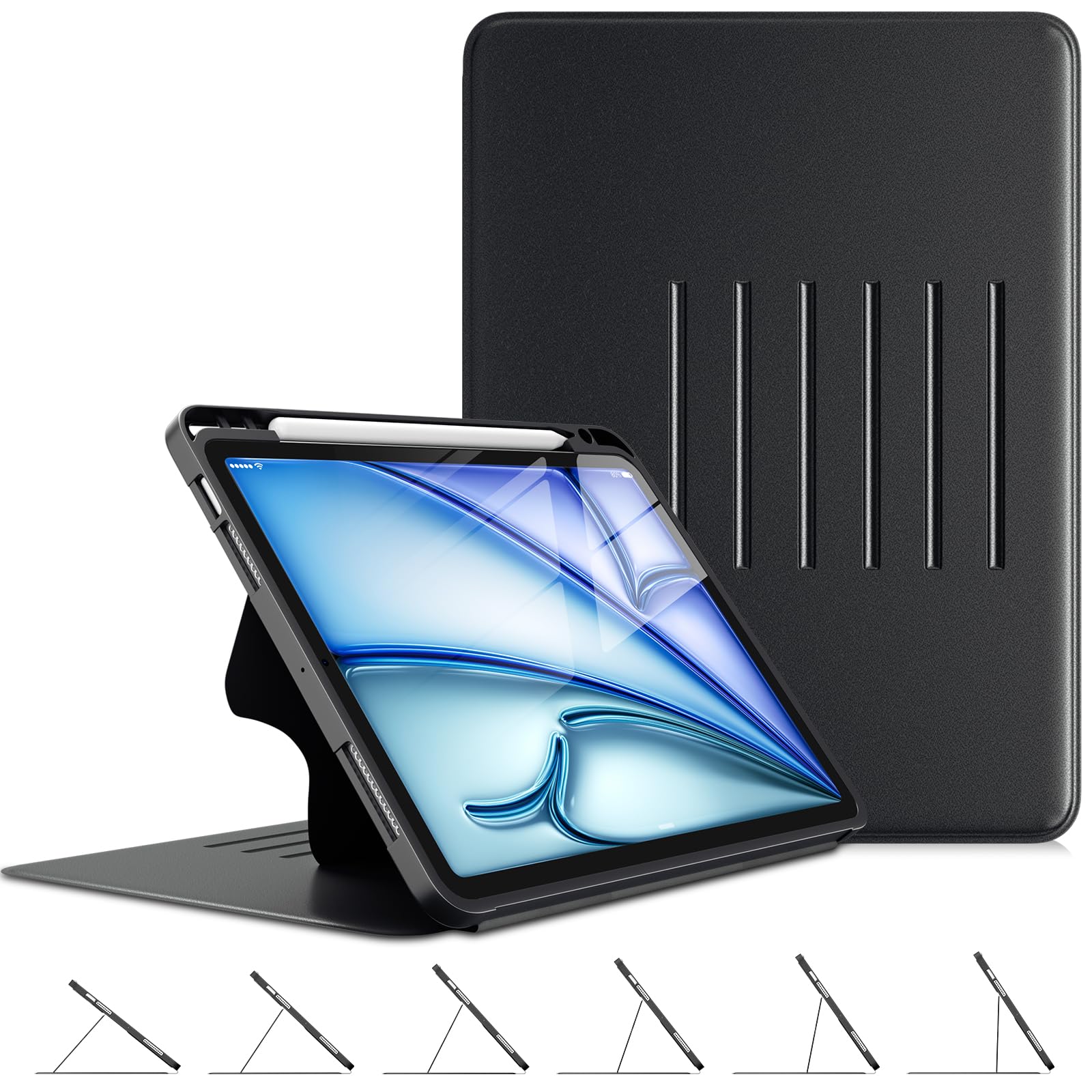 DTTO Magnetic iPad Air Case 11-inch & 10.9-inch (2020-2025 Models) - Ultra Slim Protective Cover with 6 Adjustable Stand Angles & Apple Pencil Holder - Compatible with iPad Air 4th/5th Gen & M2/M3 - Perfect for Work, Study & Entertainment - Black