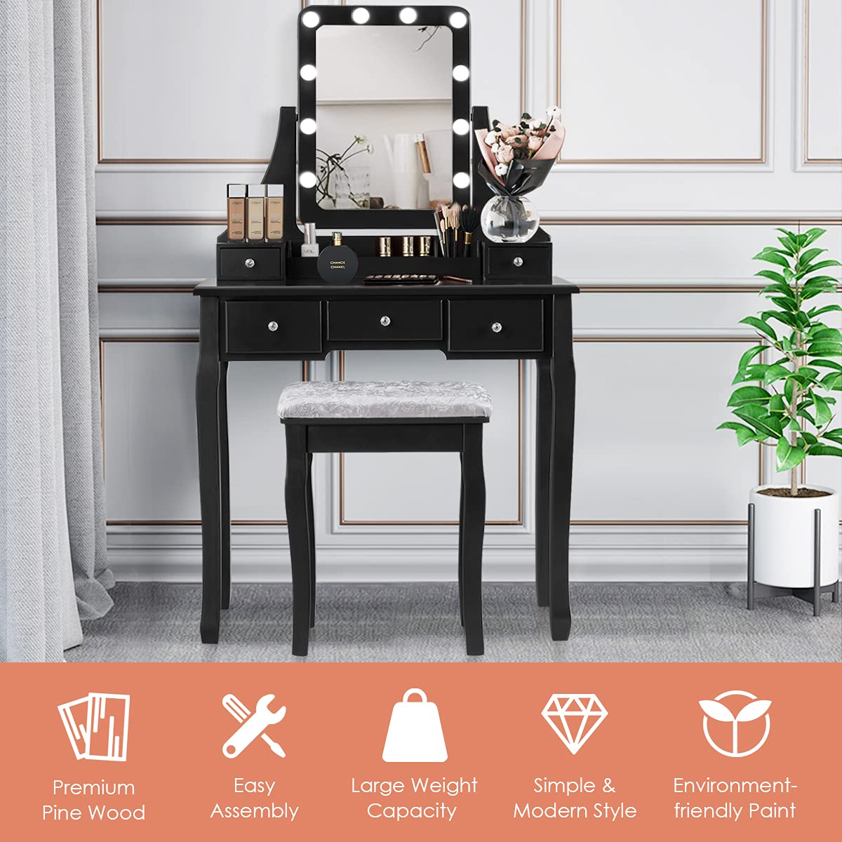 Modern Vanity Set with LED Lighted Mirror & Storage Drawers - 360° Rotatable Makeup Dressing Table with Cushioned Stool, Bedroom Furniture for Women | Perfect for Small Spaces, Makeup Application & Home Decor (Black)