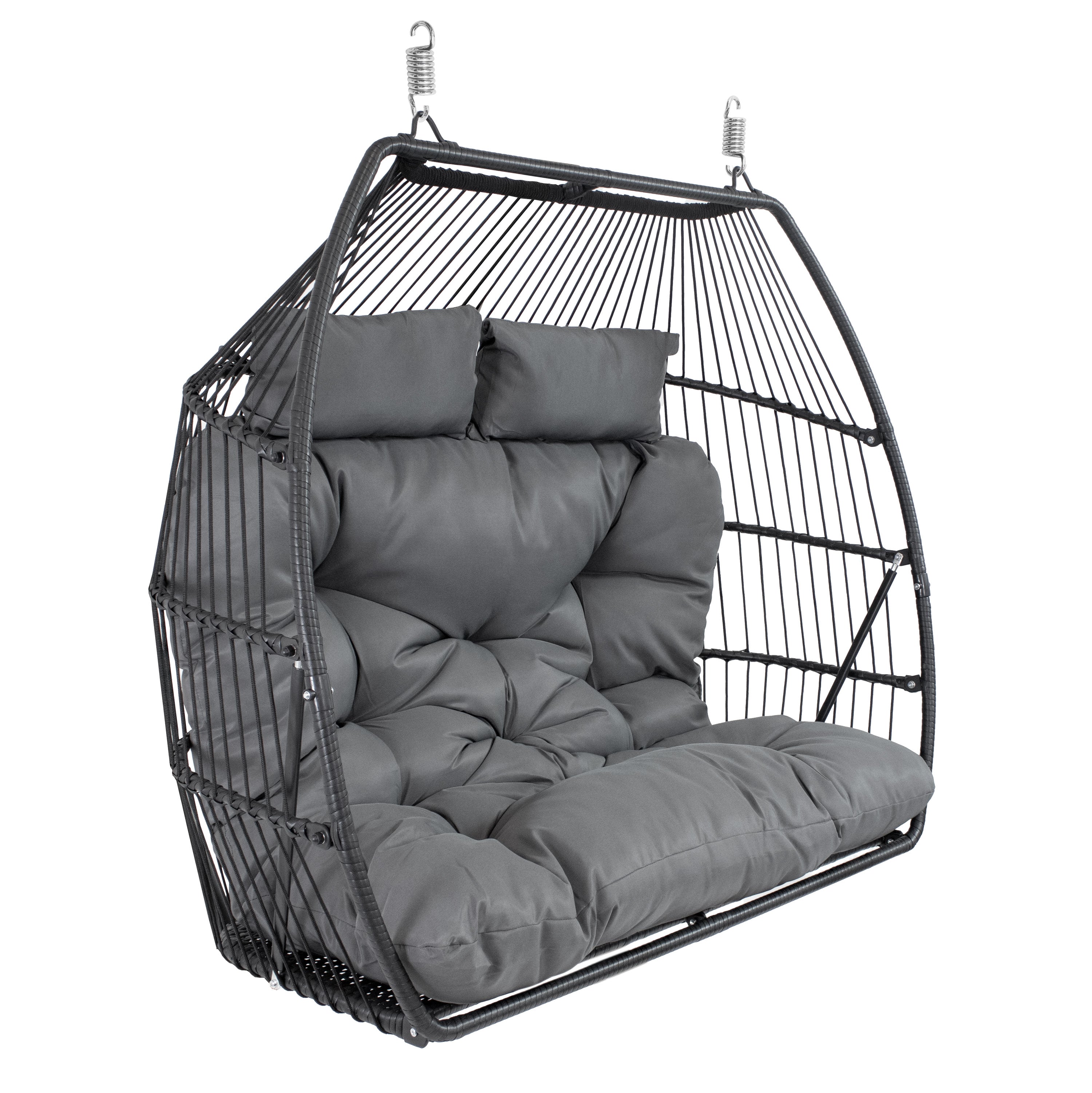 Sunnydaze Andrei Double Hanging Egg Chair with Cushion - Dark Gray Outdoor Swing Chair for Patio, Garden, Backyard Relaxation