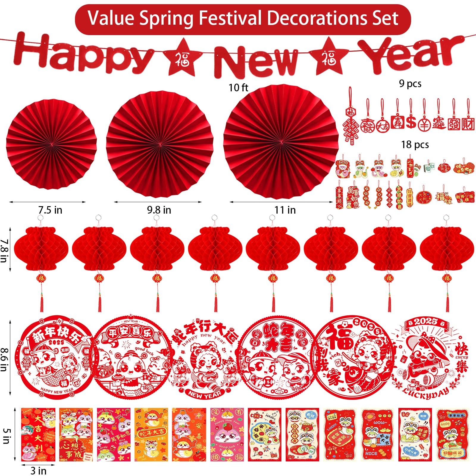 Chinese New Year Decorations 2025 - Red Paper Lanterns, Hanging Ornaments, Fu Character Stickers, Spring Festival Banners & Red Envelopes for Lunar New Year - Perfect for Home, Office & Party Decorations