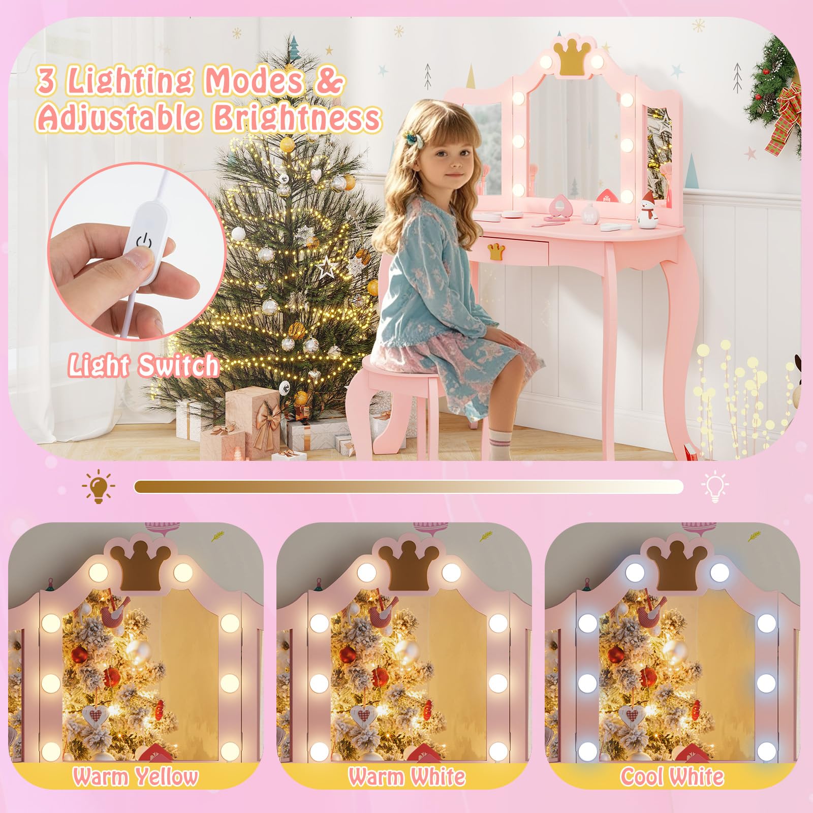 GLACER Pink Wooden Princess Makeup Vanity Set with Mirror, Stool & LED Lights - 2-in-1 Kids Vanity Desk with 3 Lighting Modes, Storage Drawer & Chair - Perfect for Bedroom Decor, Birthday Gifts & Pretend Play for Girls Ages 3-8