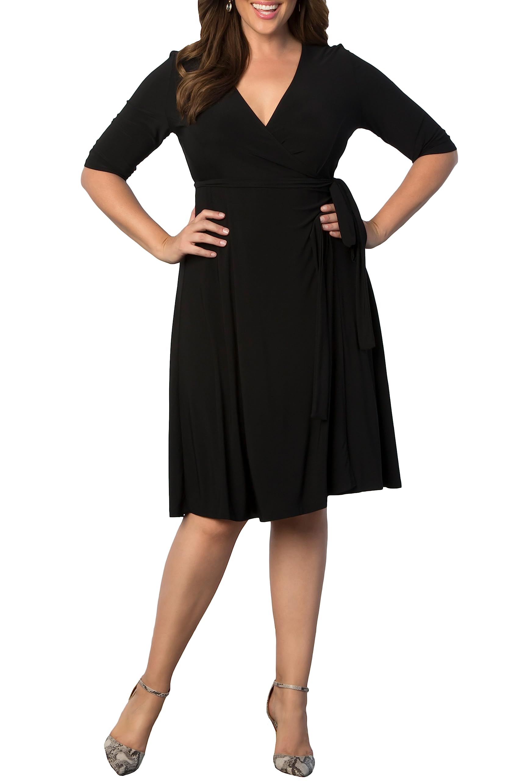 Kiyonna Women's Plus Size Essential Midi Wrap Dress with 3/4 Sleeves | Flattering Casual & Formal Dress for Cocktail Parties, Weddings, Office Work & Special Occasions