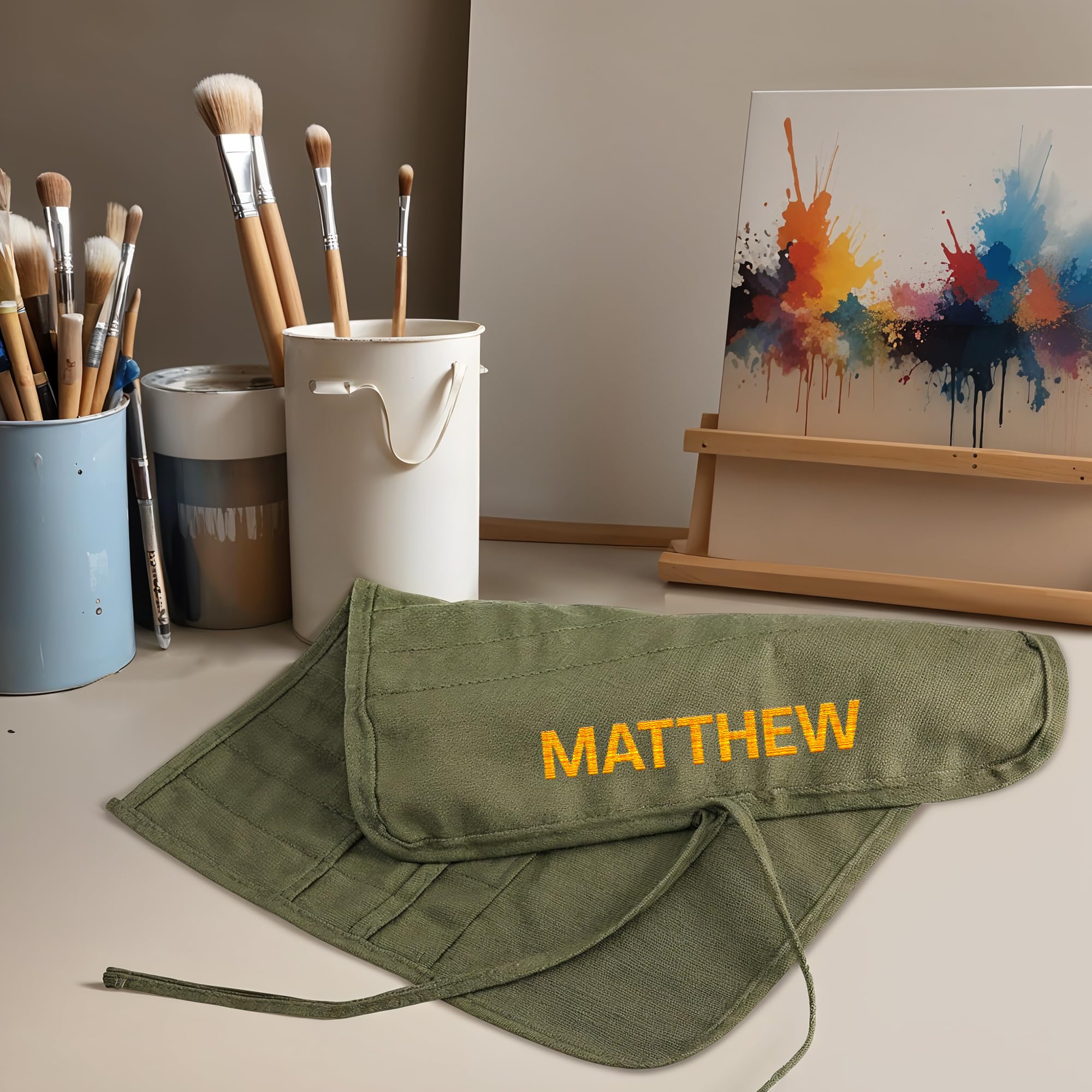 Custom Personalized Paint Brush Holder for Artists - Engraved Name Canvas Brush Organizer for Acrylic, Oil & Watercolor Brushes - Army Green Roll Pouch Holds 100 Brushes - Perfect for Art Studios, Painting Classes & Travel