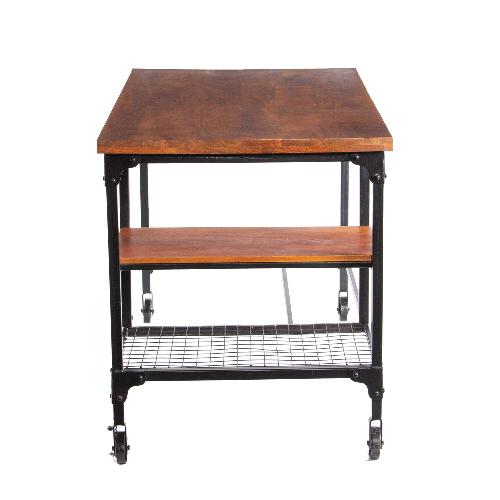 Industrial Wood and Metal Desk with Two Bottom Shelves - Brown & Black Home Office Furniture for Study, Work, or Gaming Station